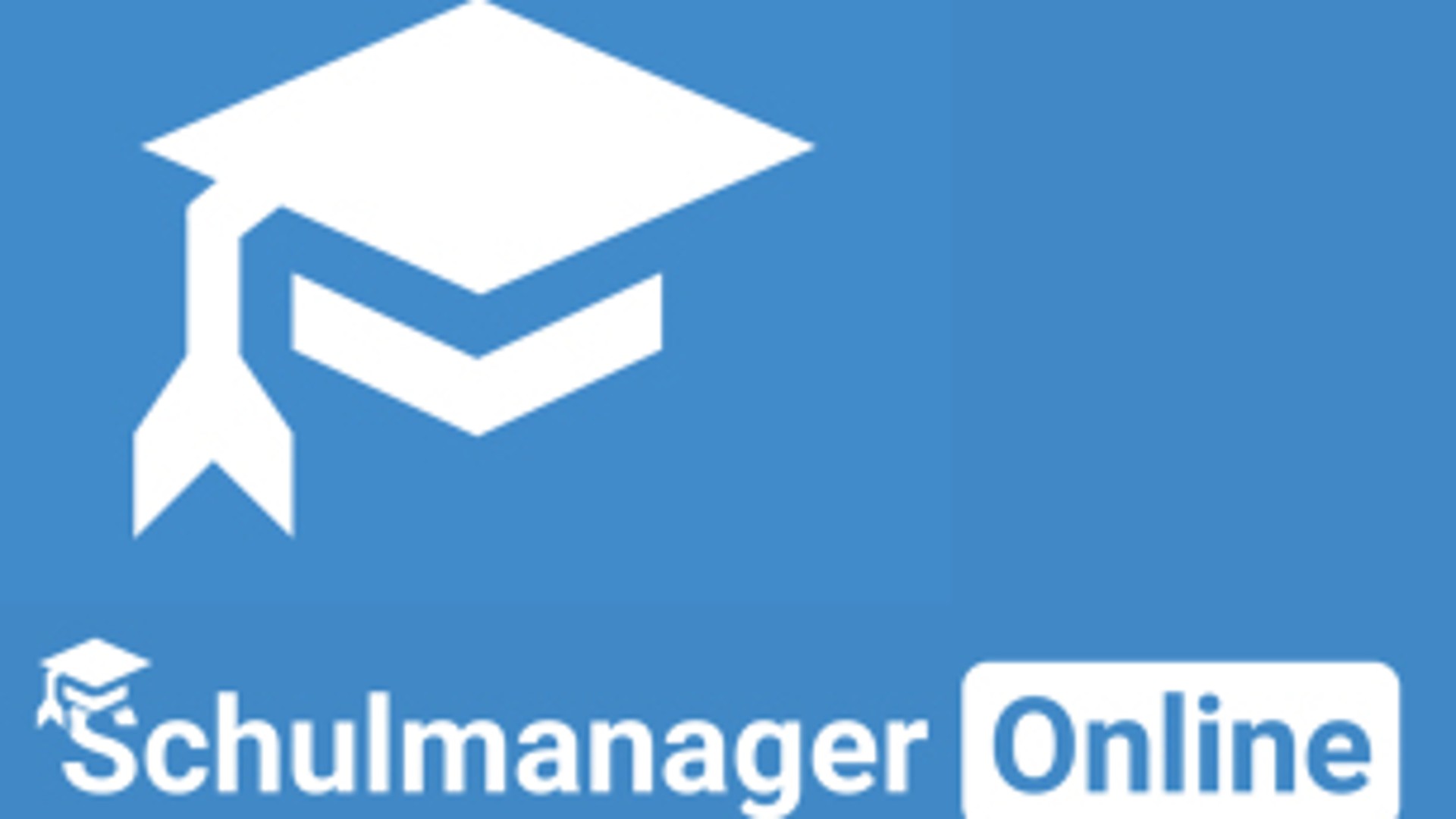 Logo der App Schulmanager Online. Mittelblauer Hintergrund, weißer Hut, eckig, ähnlich zum Universitäts-Abschluss, in weiß, Schriftzug: Schulmanager Online
