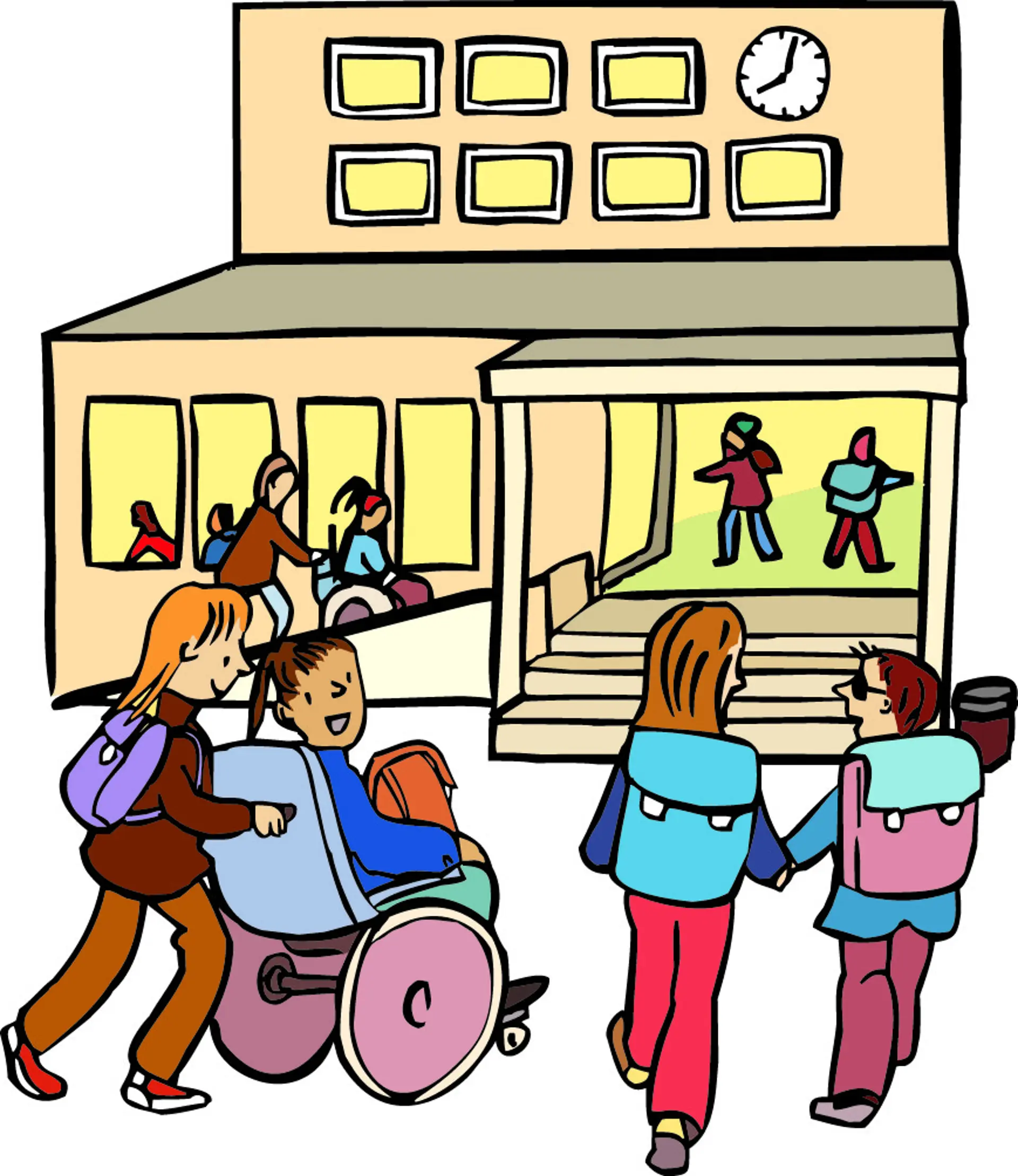 Illustration mit vielen Kindern, die sich in Richtung Schuleingang bewegen. Manche sind zu Fuß, eines davon ist blind, ein Kind im Rollstuhl.