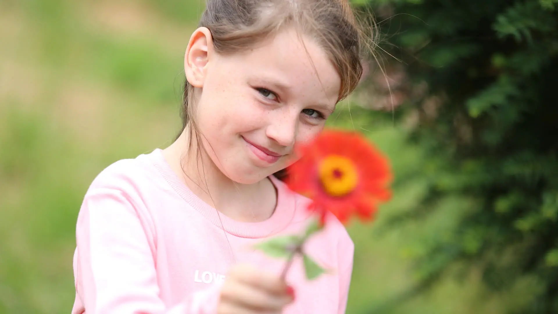 junges Mädchen mit einer roten Blume in der Hand