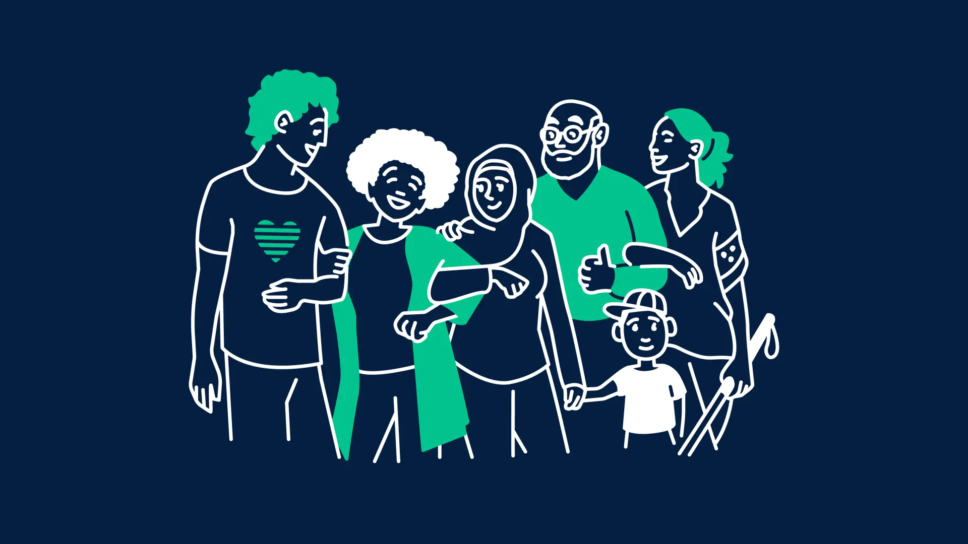 Illustration einer Gruppe von vielfältigen Menschen, die sich in den Armen halten