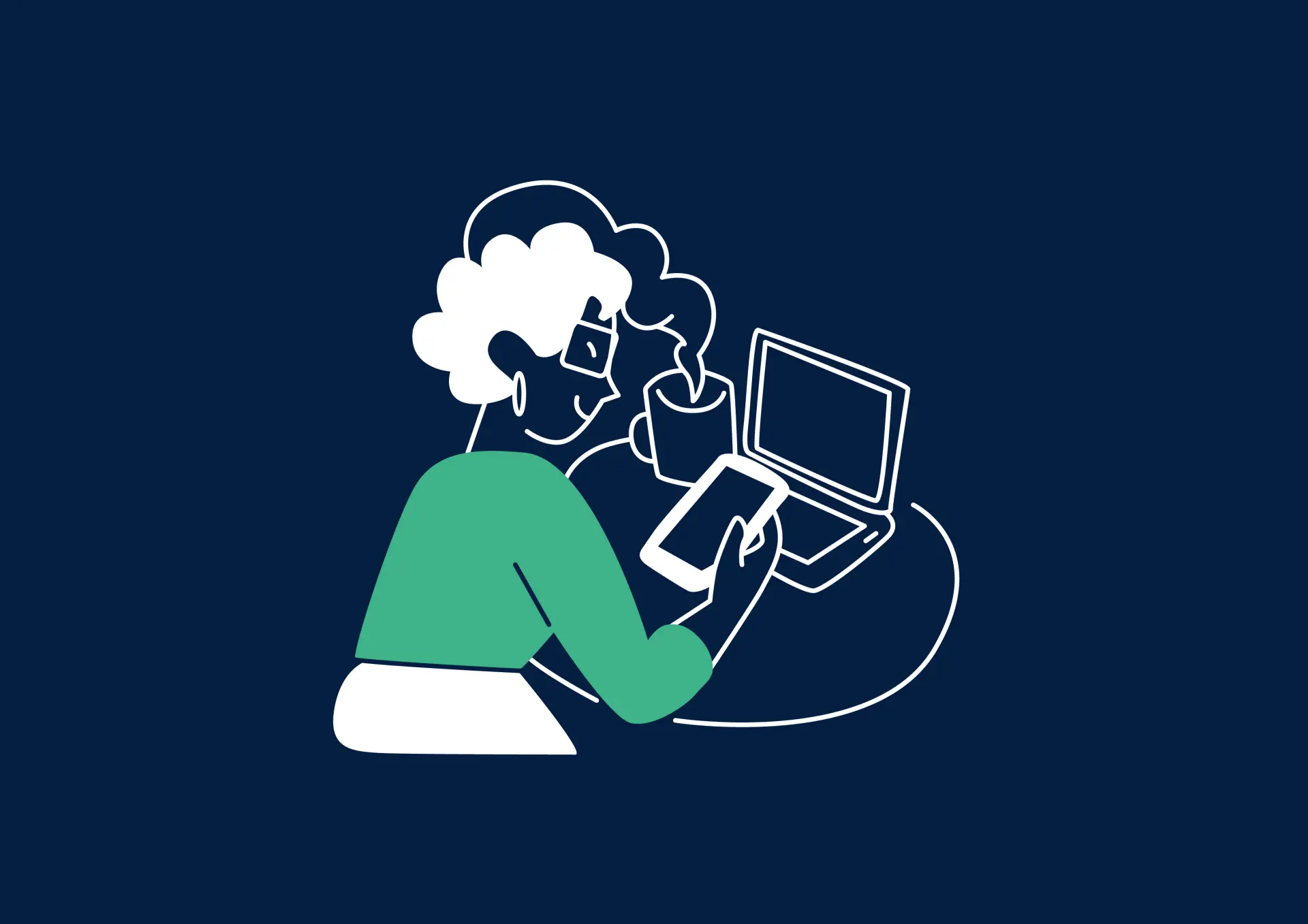 Illustration von einer Frau, die am Tisch sitzt und etwas auf ihrem Smartphone schaut. In der linken Hand hält sie eine Tasse mit einem heißen Getränk, vor ihr steht ein aufgeklappter Laptop.