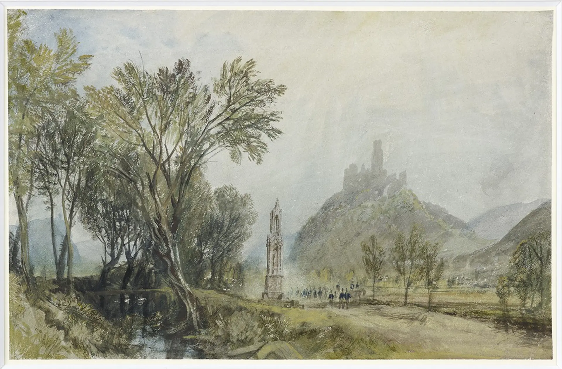Ein Aquarell von einer Straße. Es sind das Hochkreuz, die Godesburg und der Drachenfels in Bonn zu erkennen.