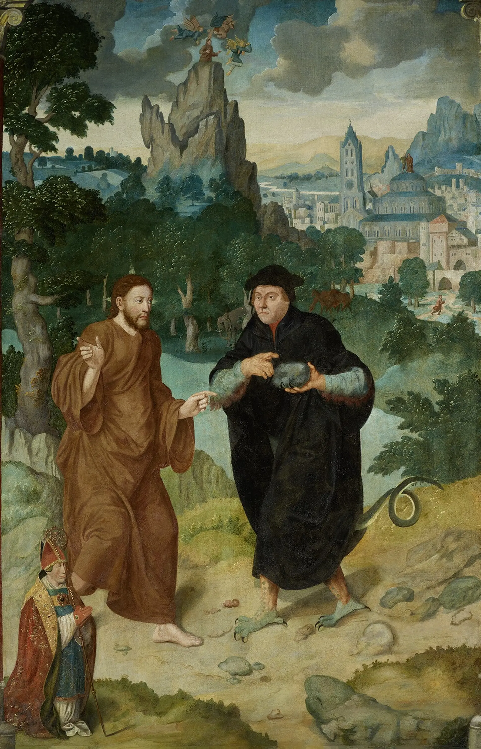 Ein Gemälde, auf dem Jesus mit dem Teufel spricht, der die Gestalt von Martin Luther angenommen hat.