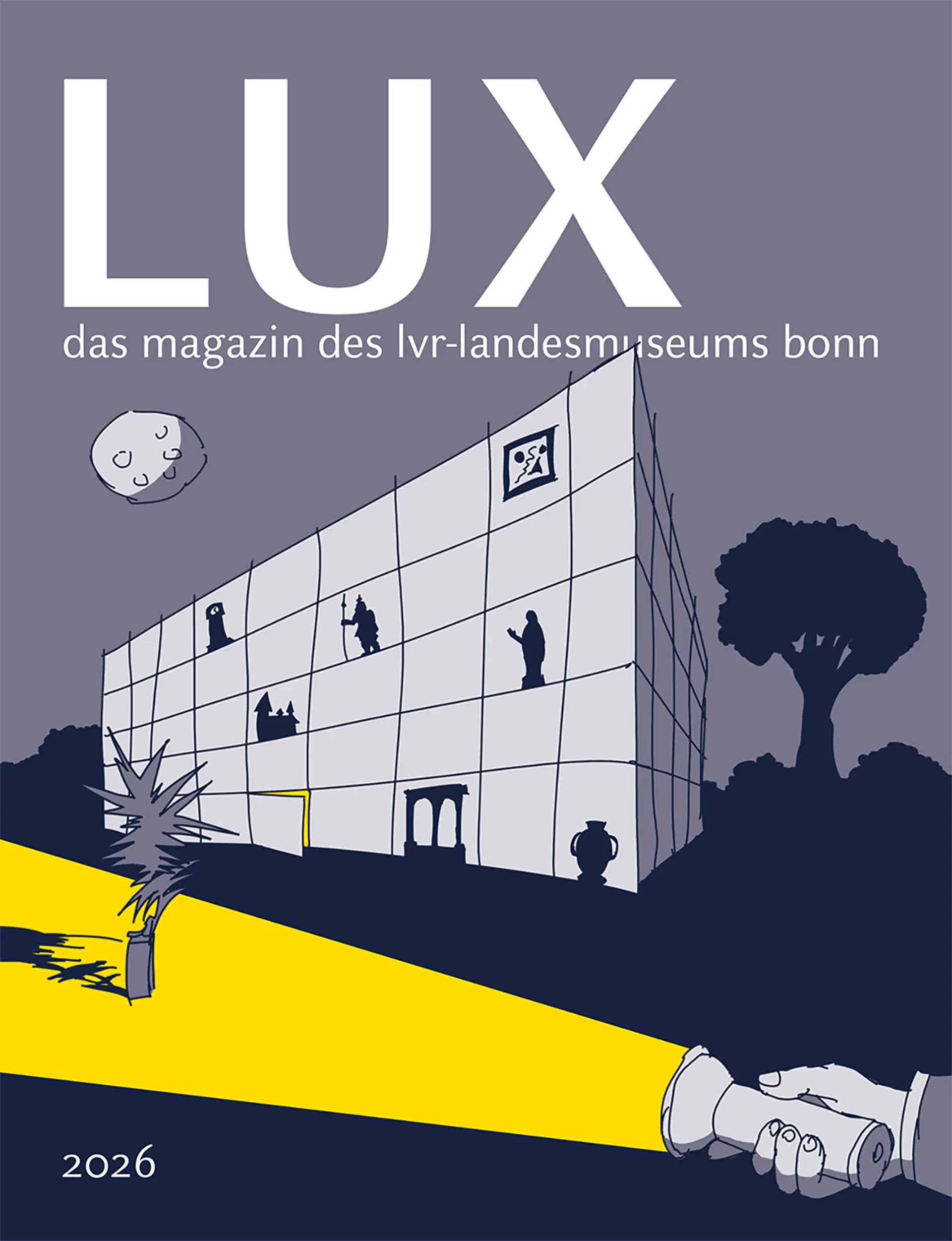 Das Cover des Magazins zeigt das Keyvisual der Ausstellung "Nachtwache": Eine Zeichnung der Glasfassade des Landesmuseums vor dunklem Hintergrund.