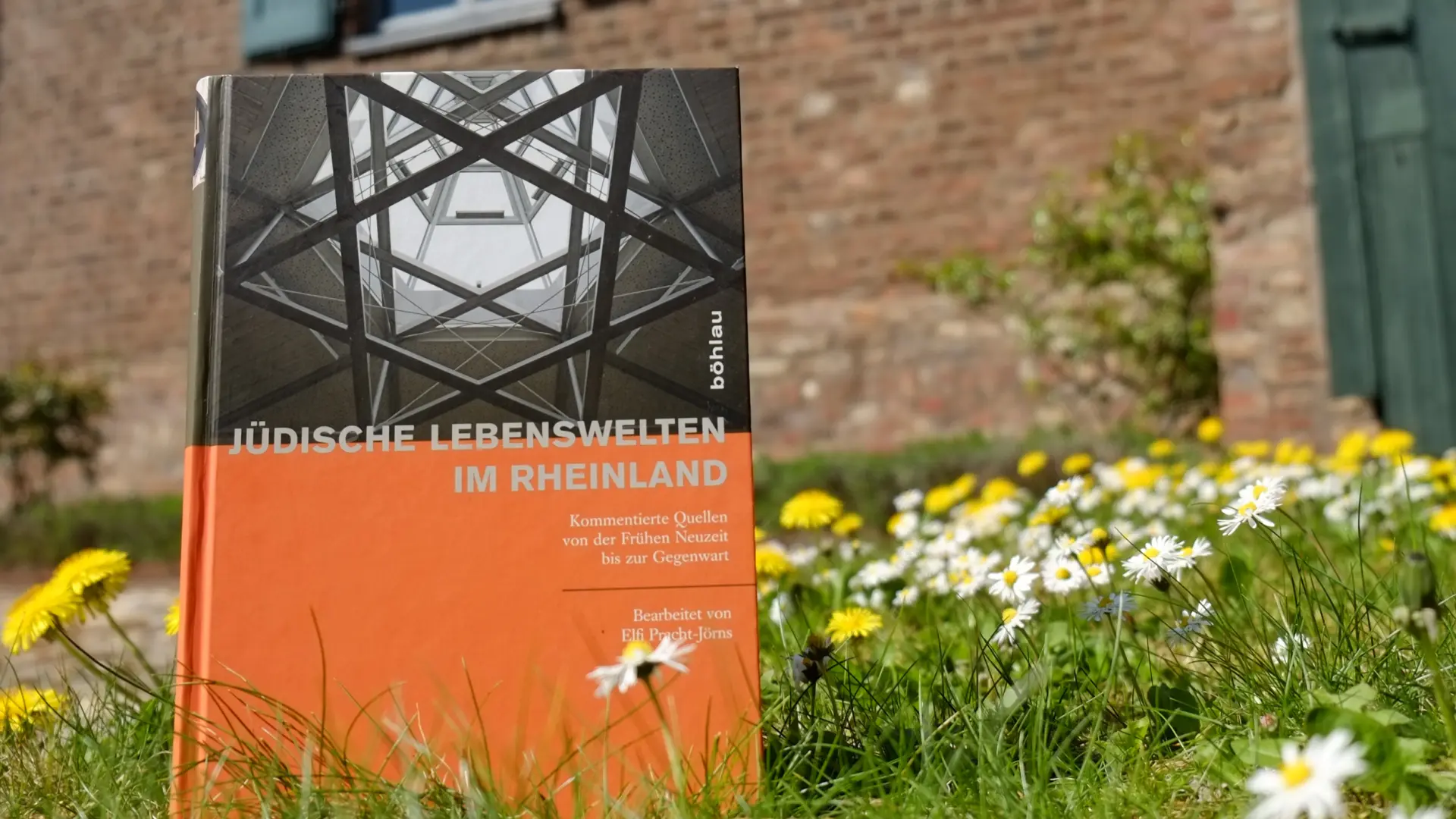 Auf einer kleinen Blumenwiese vor der Landsynagoge steht ein Buch mit dem Titel "Jüdische Lebenswelten" im Gras.
