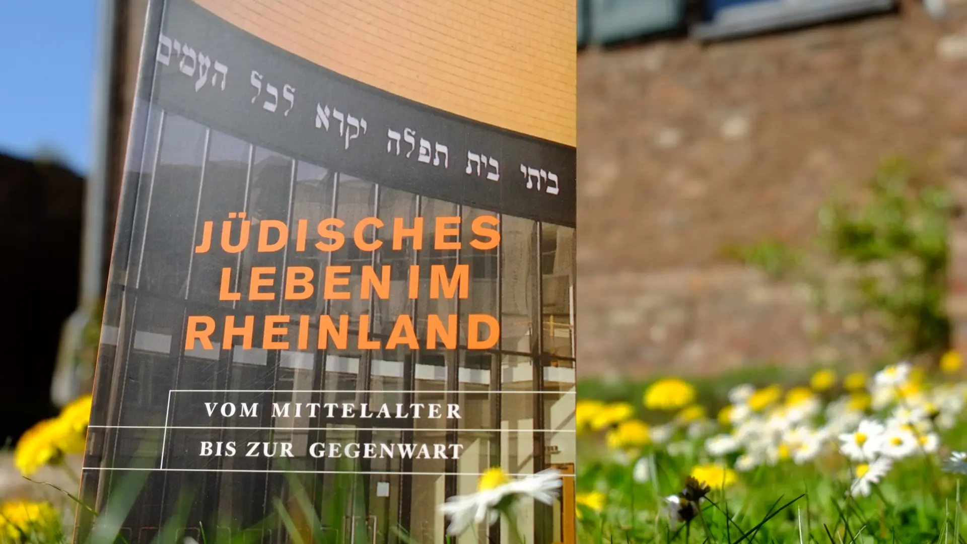 Auf einer kleinen Blumenwiese vor der Landsynagoge steht ein Buch mit dem Titel "Jüdisches Leben im Rheinland"