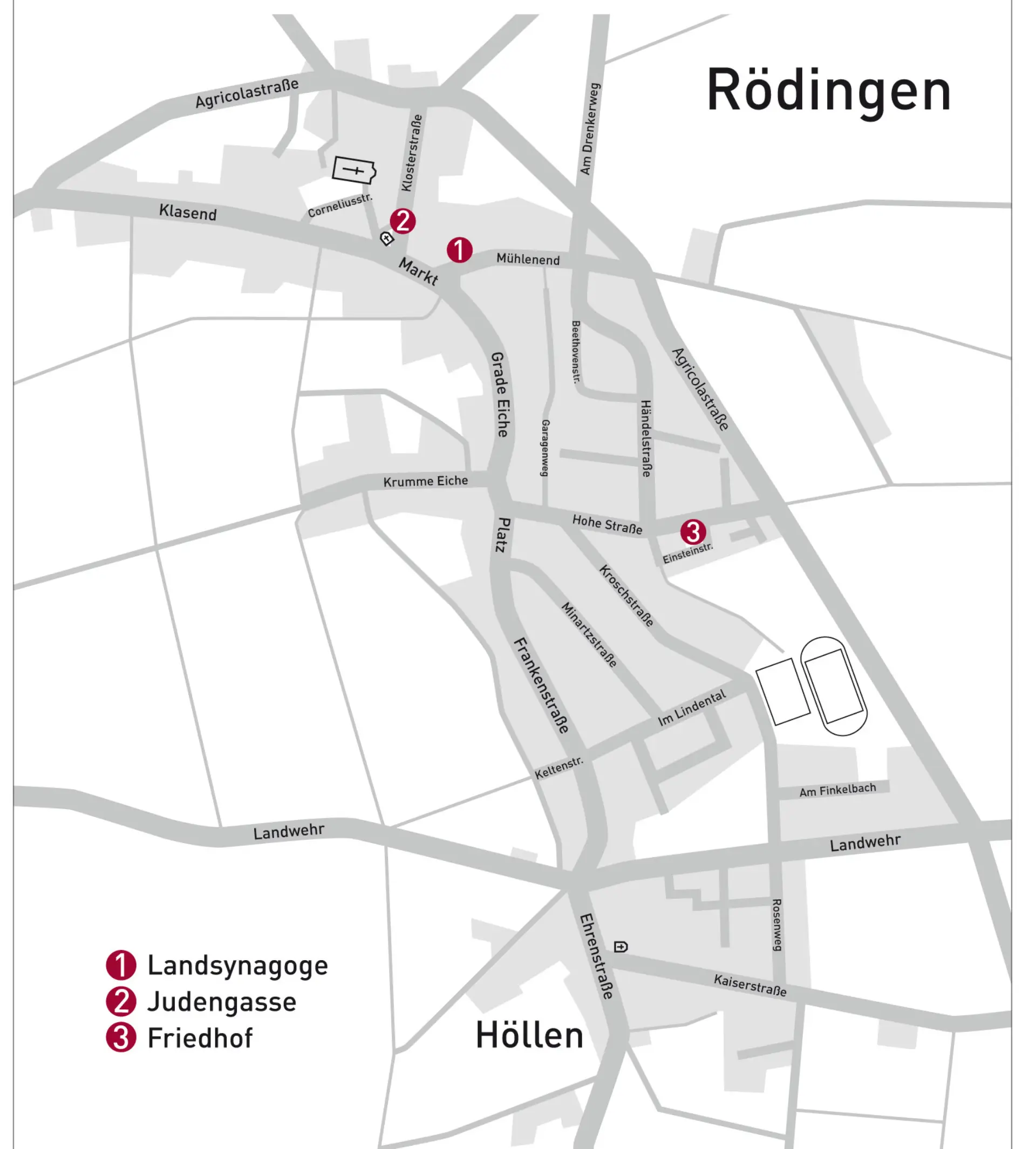 Straßenkarte des Dorfes Rödingen mit Kennzeichnung der Standorte der Informationsstelen