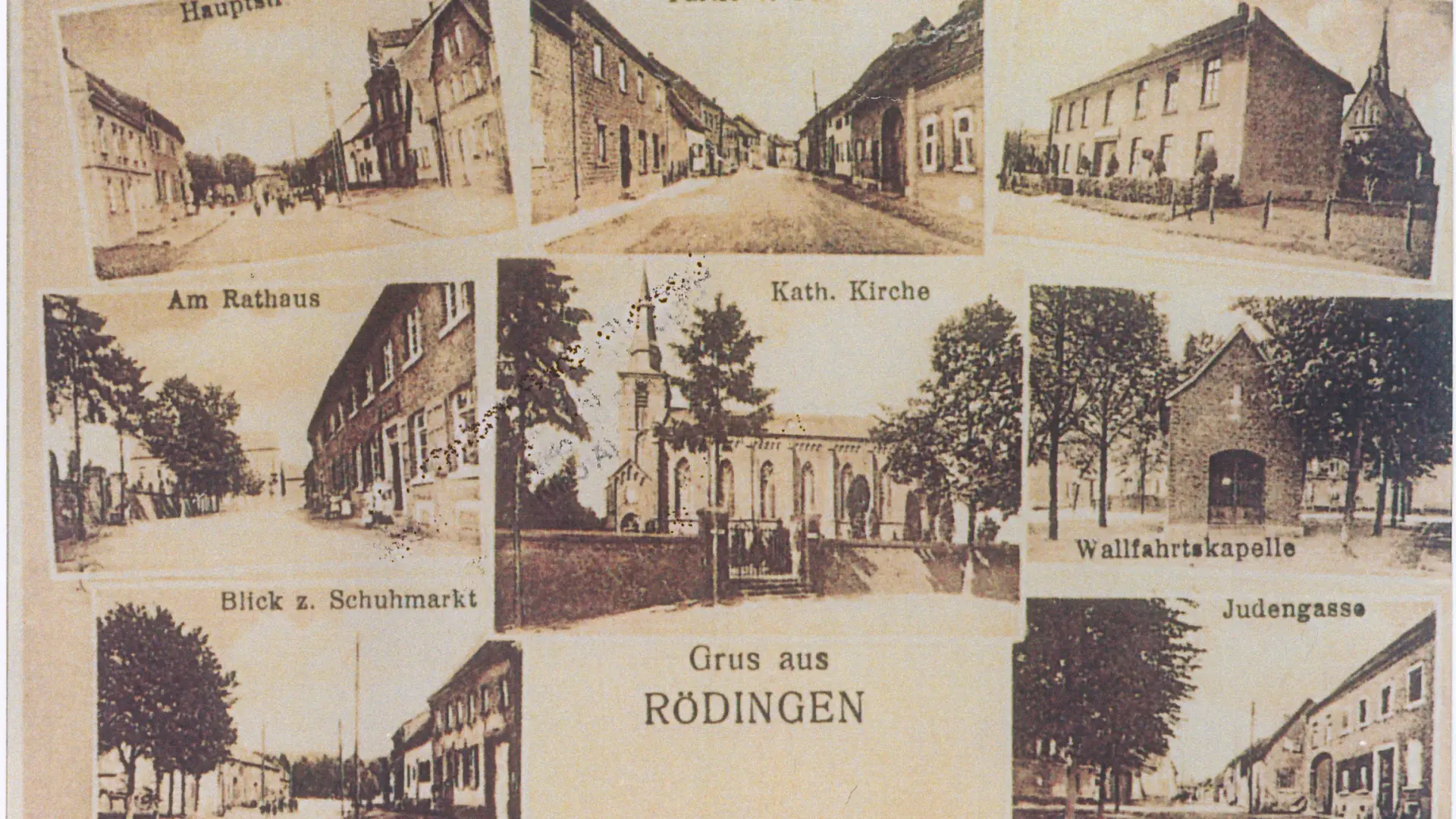 Eine alte Postkarte in schwarz-weiß mit Straßenbildern des Ortes Rödingen. Bei einer Straße ist der Name "Judengasse" vermerkt.