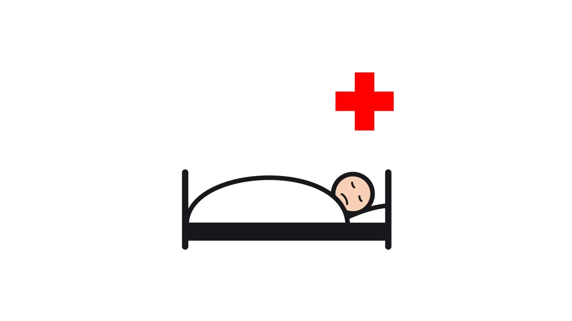 Person liegt im Bett, oben rechts ist ein rotes Kreuz