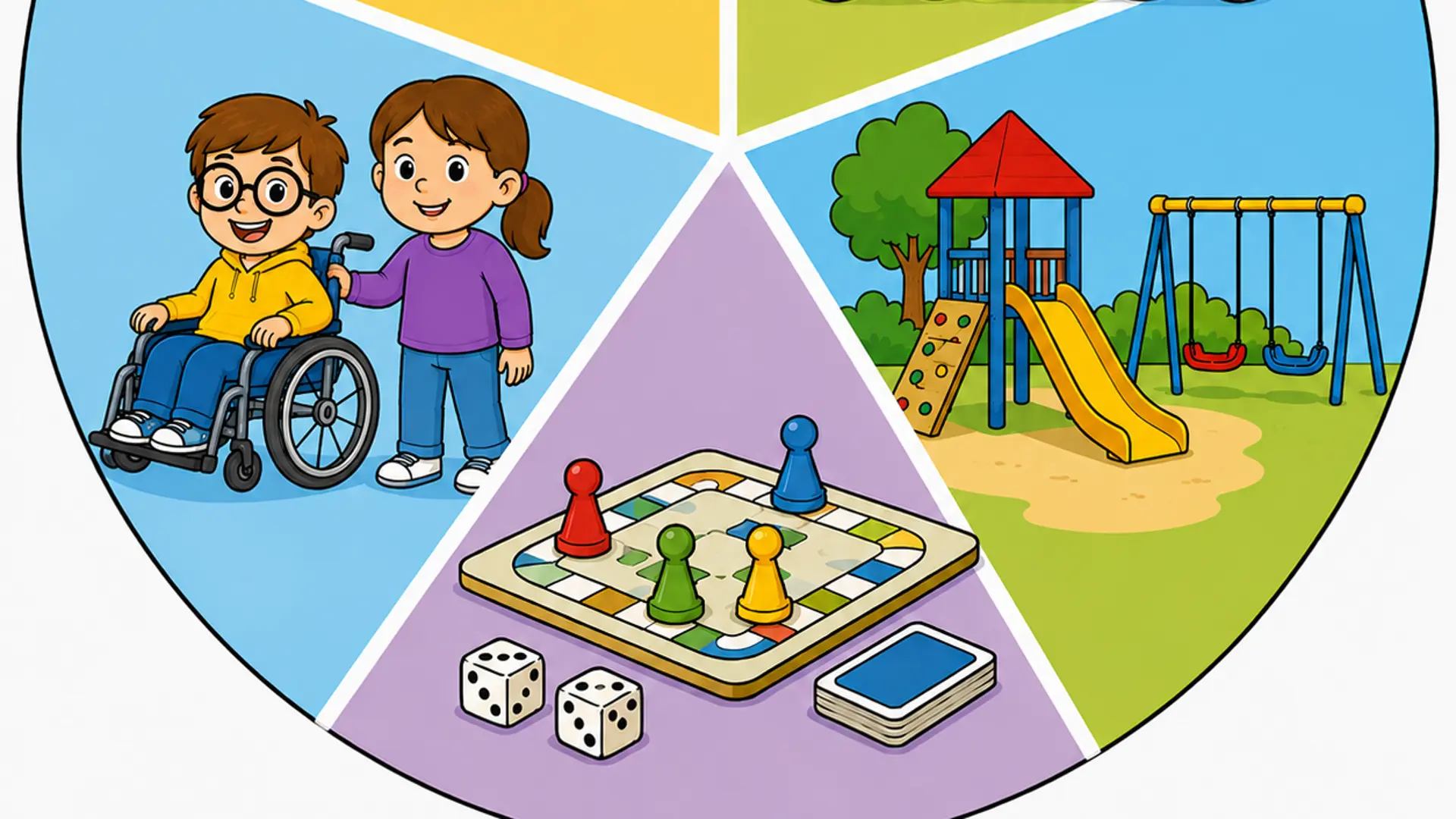 runde Grafik mit 5 kleinen Bildern. Bild 1: Haus mit der Aufschrift Kindergarten, Bild 2: drei Kinder halten sich im Arm und freuen sich, Bild 3: Spielplatz mit Rutsche und Schaukel, Bild 4: Brettspiel und Würfel, Bild 5: ein junge sitzt in einem Rollstuhl, daneben steht ein Mädchen, beide lachen