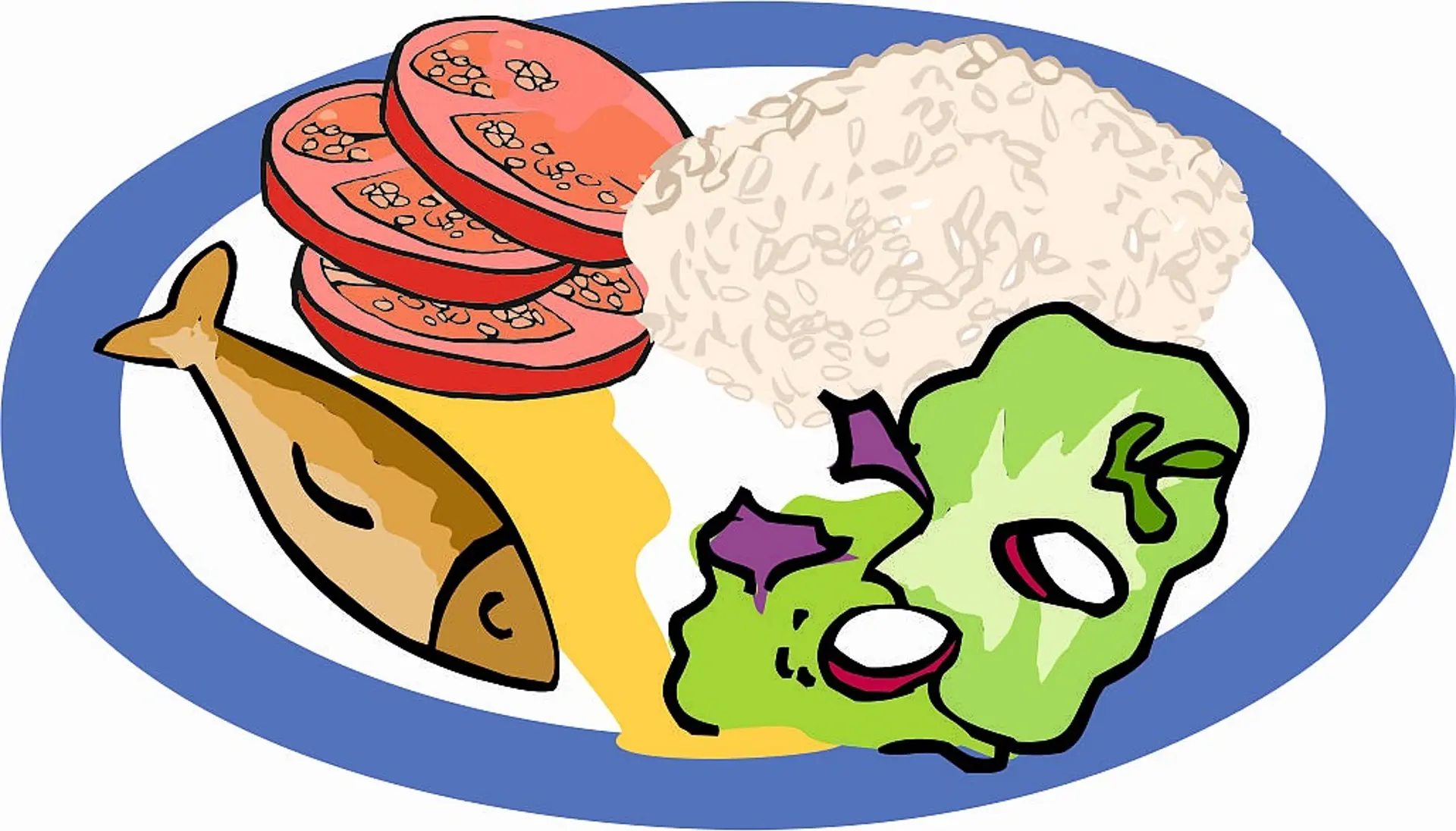 Illustration von einem Teller, auf dem Fisch mit Reis, Blattsalat und Tomatenscheiben zu sehen sind.