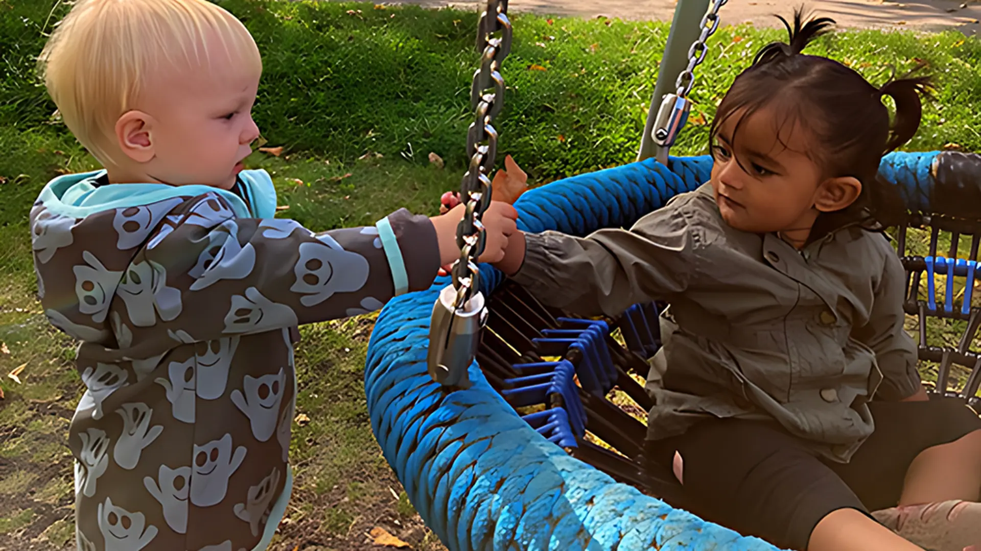 Zwei Kinder schaukeln gemeinsam in der Frühförderung