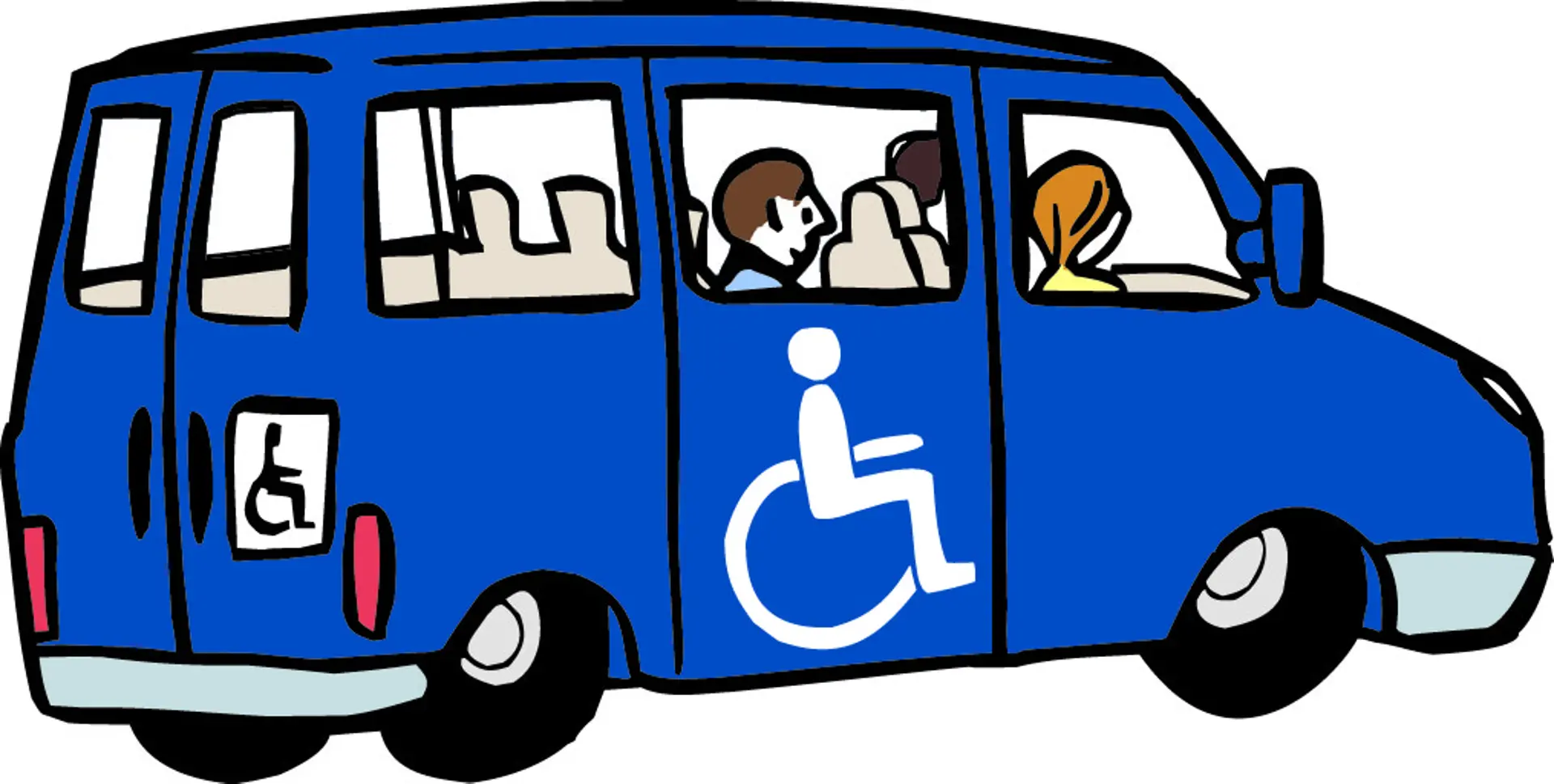 Ein blauer Kleinbus mit Rollstuhlsymbol an der Seite, der auf einen behindertengerechten Transport hinweist. Im Fahrzeug sitzen mehrere Personen