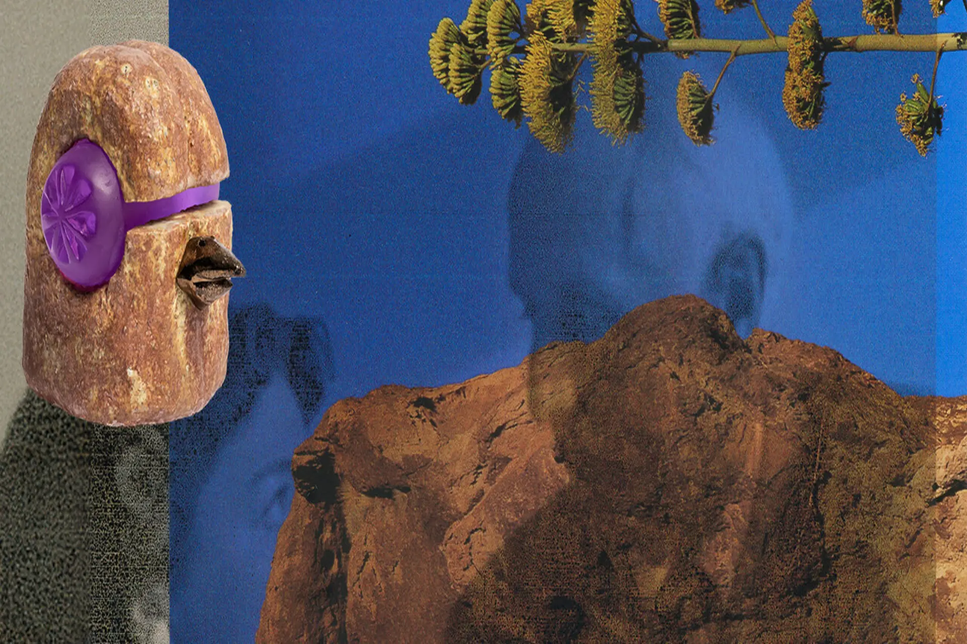 Key Visual mit Collage und Skulptur eines Vogelkopfes