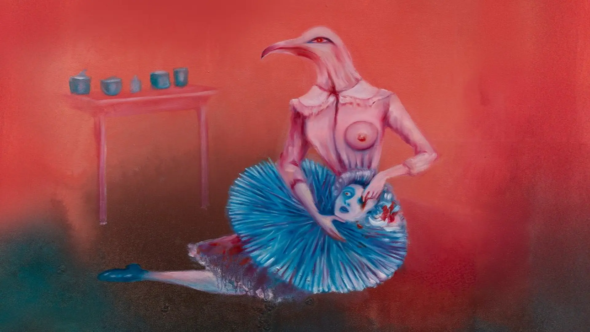 Gemälde mit einem Vogel der die Augen eines Kopfes in seinen Armen aussticht