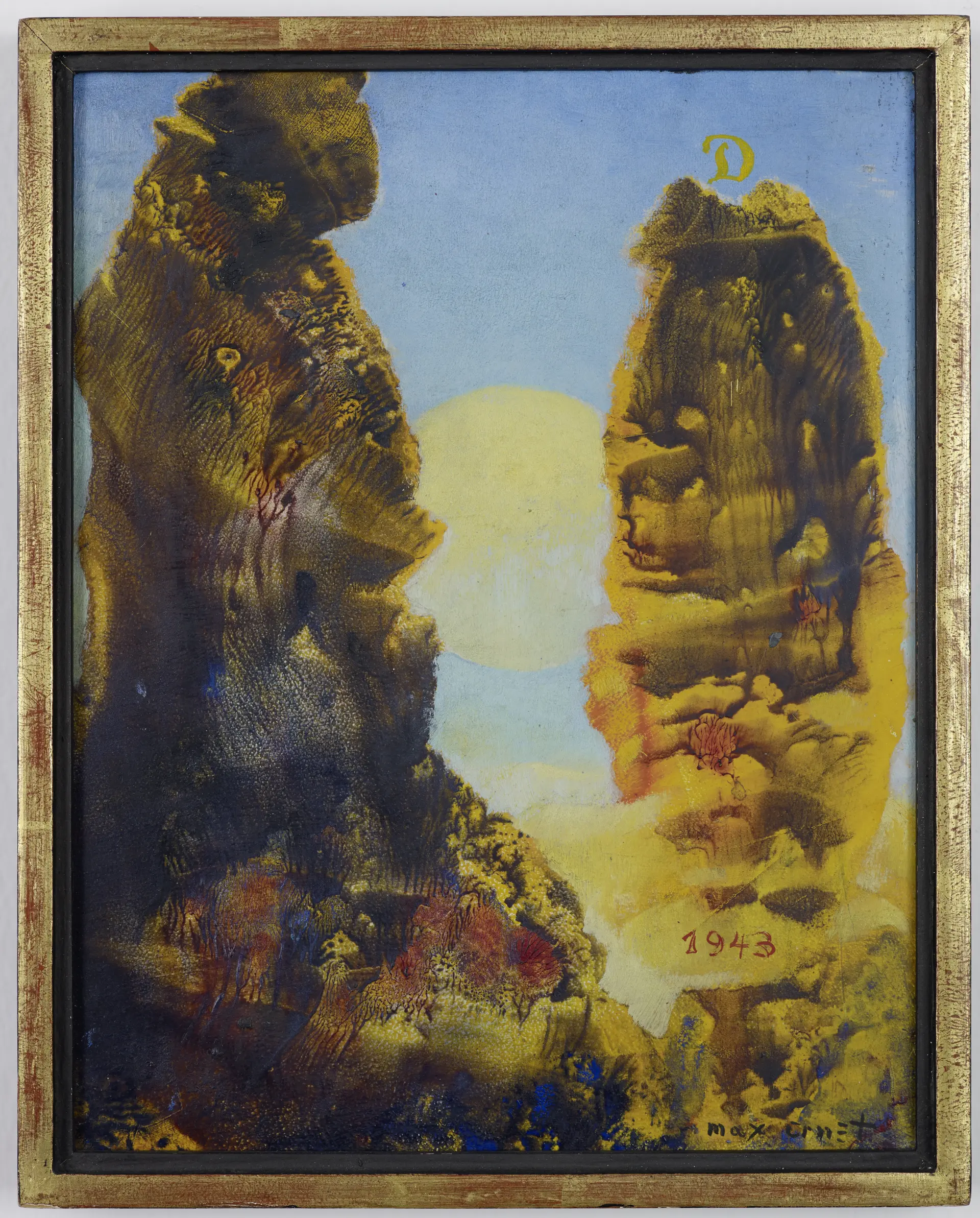 Abstraktes Gemälde in sandfarbenen Tönen mit Himmel dazwischen