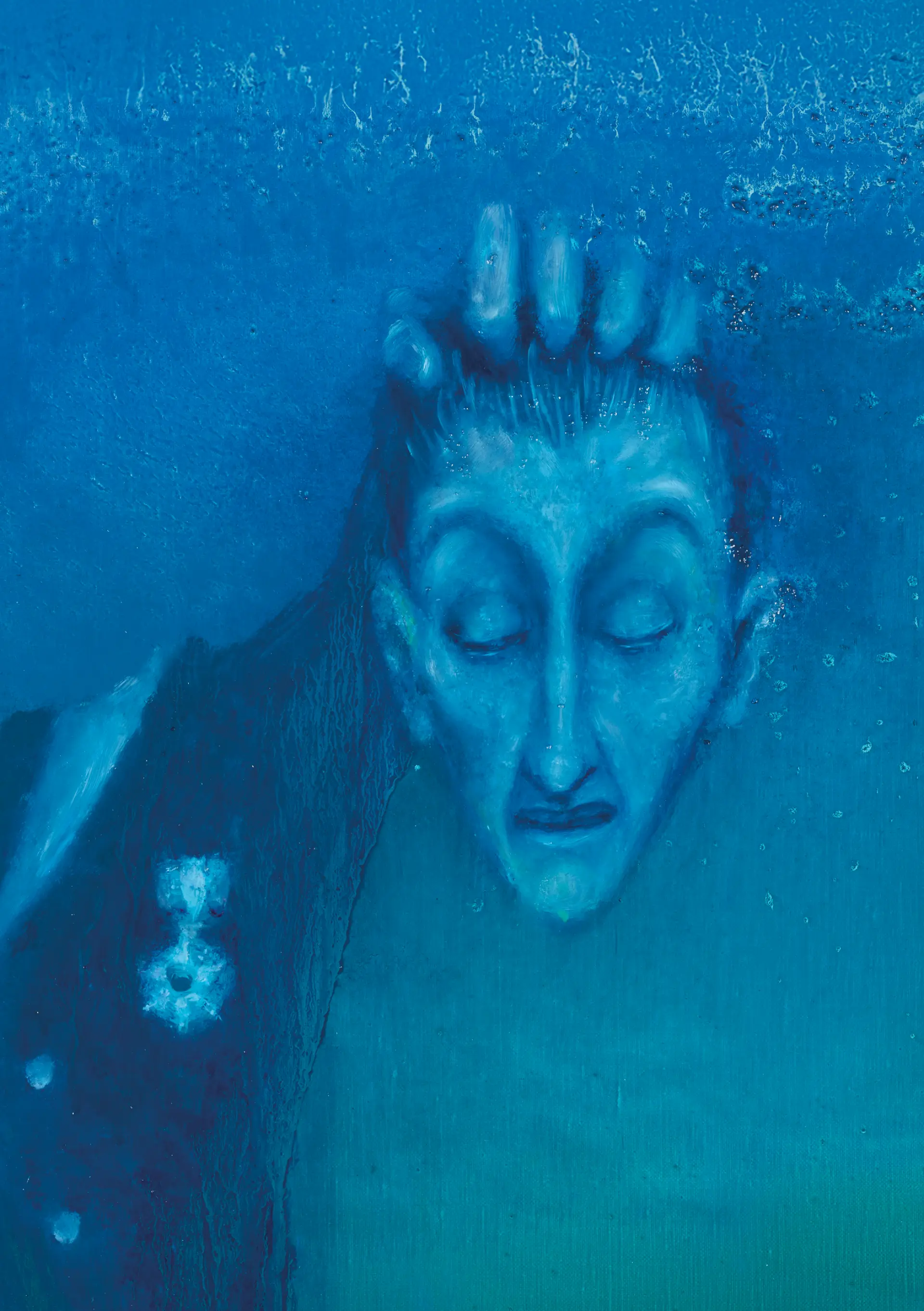 Ein Gemälde in Blautönen zeigt einen abgetrennten Kopf, der von einer Hand gehalten wird