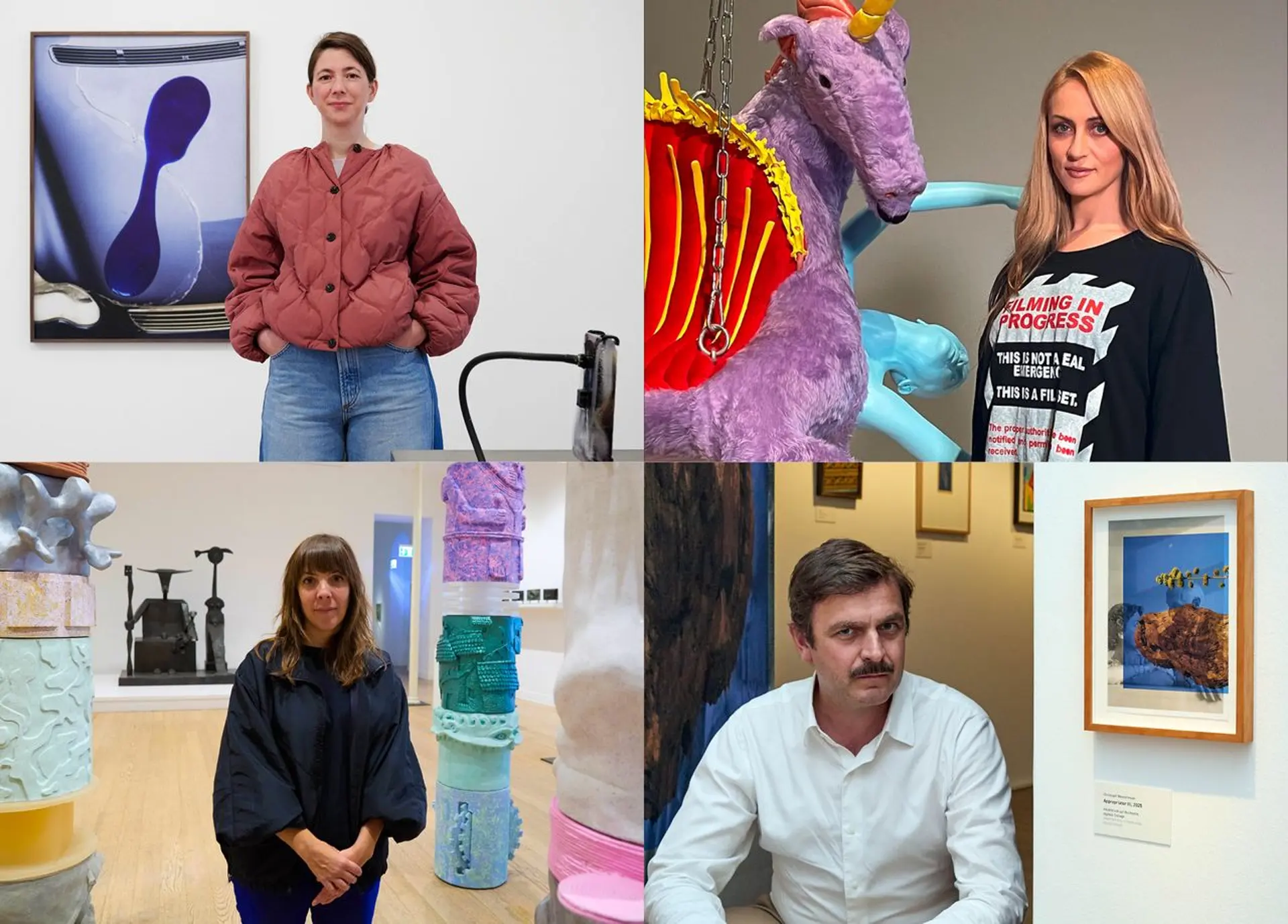 Man sieht eine Collagen aus verschiedenen Künstlerporträts. Zuerst ist Porträt Alex Grein in einer Installationsansicht von Burning Sun IV (Pictures on a Screen) zu sehen, dann Marianna Simnett in einer Installationsansicht neben Unicorn von Prayers for Roadkill stehend. Unter ihnen sieht man Marion Verbooms mit der künstlerischen Sammlungsintervention Loplop mit dem Theater der Kreaturen sowie Christoph Westermeier mit der künstlerischen Intervention Sedona Vogel.