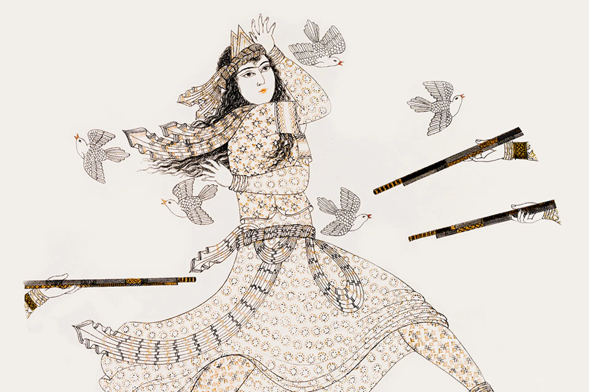 Zeichnung einer Frau, die von drei Gewehren bedroht wird