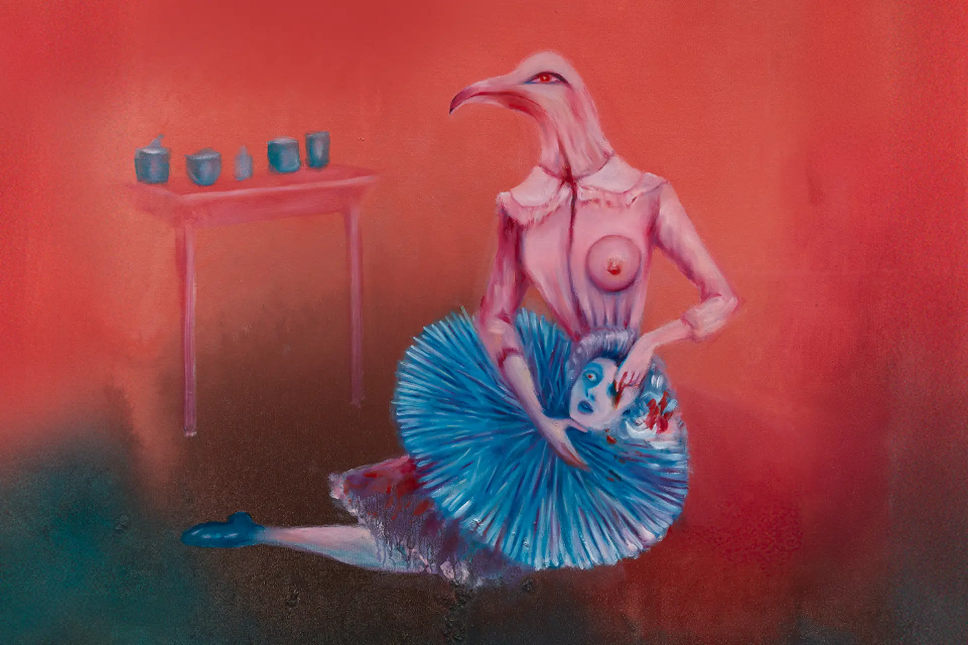 Gemälde mit einem Vogel der die Augen eines Kopfes in seinen Armen aussticht