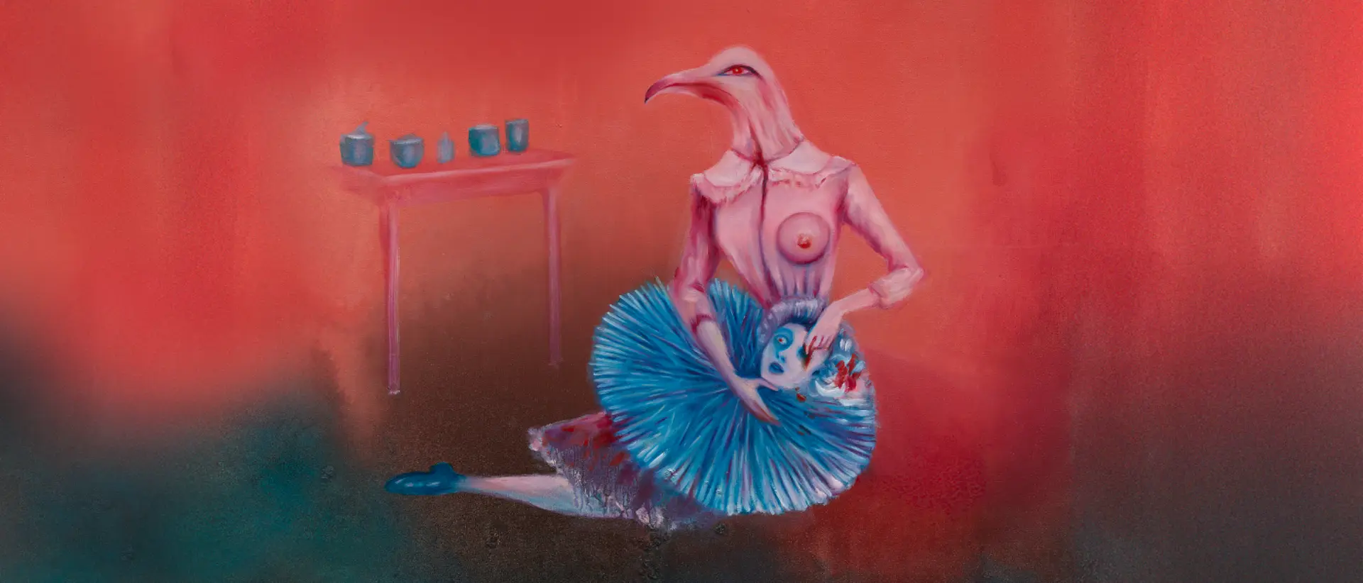 Gemälde mit einem Vogel der die Augen eines Kopfes in seinen Armen aussticht