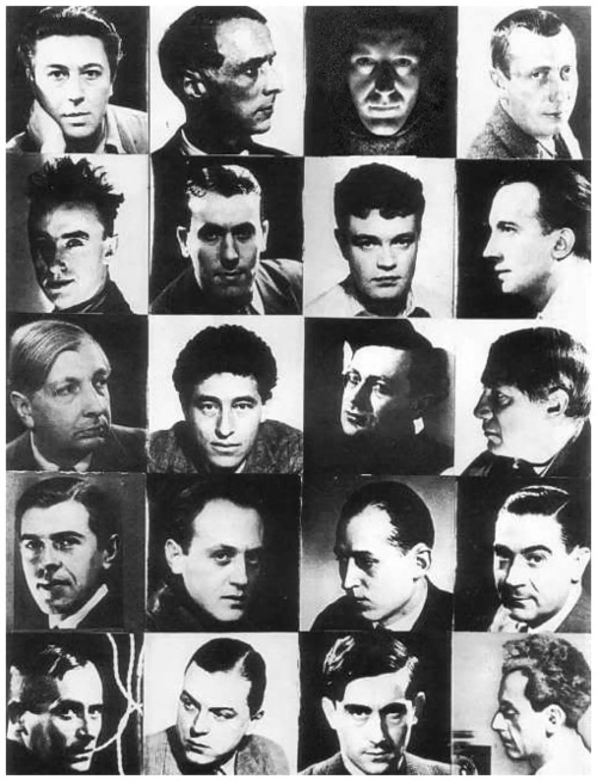 Schwarz-weiß Foto in Schachbrettmuster mit Einzelporträts von Künstlern