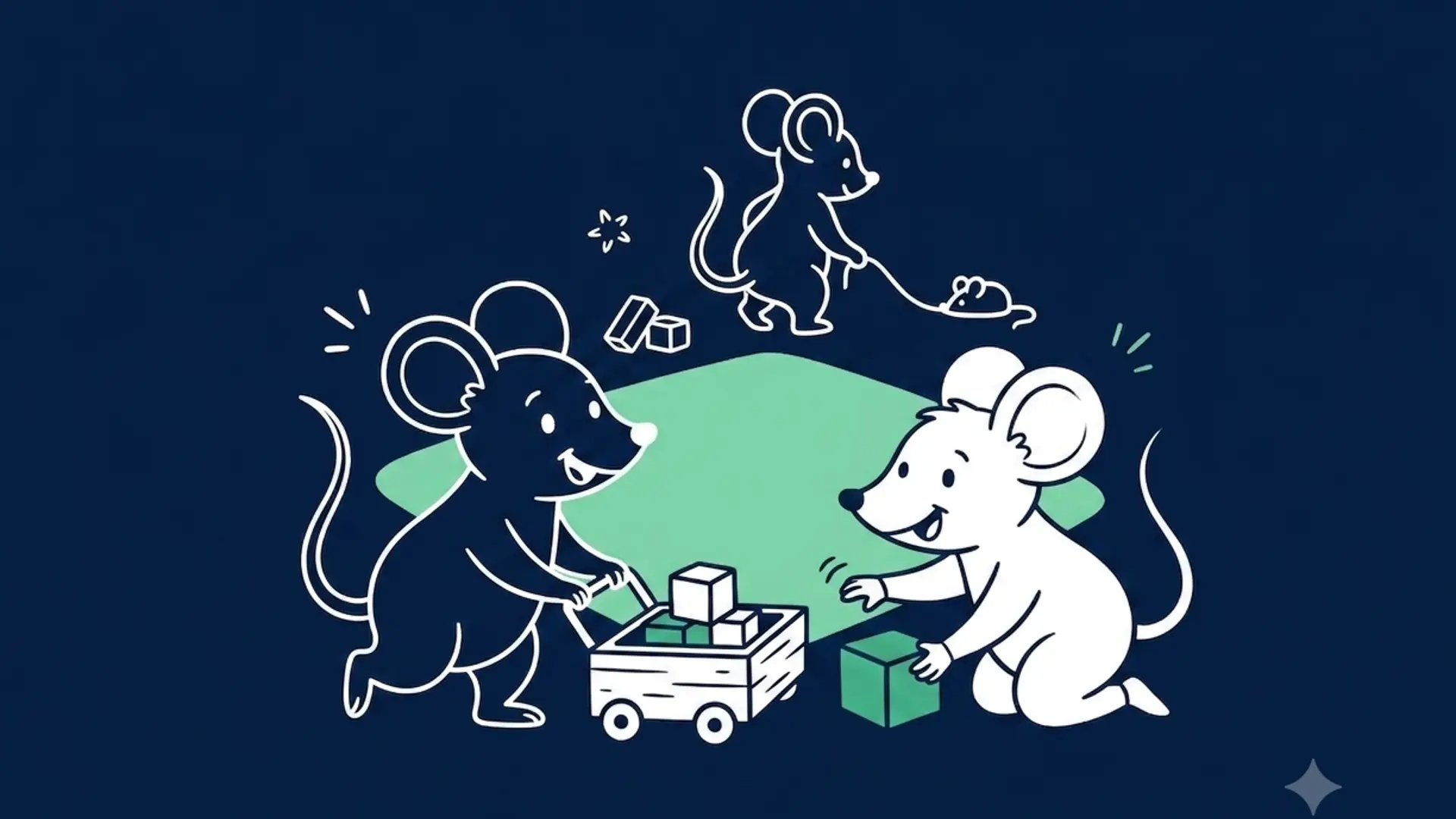 Illustration von drei Mäusen, die mit Kinderspielzeug spielen