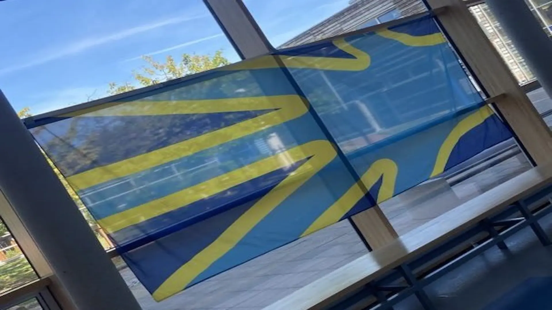 Flagge mit blauer Hand mit gelber Umrandung auf dunkelblauen Hintergrund