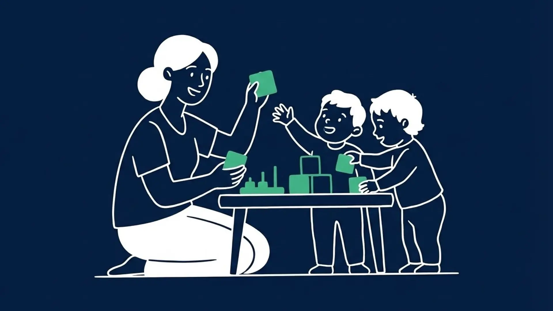 Illustration einer Frau, die mit zwei kleinen Kindern am Tisch spielt