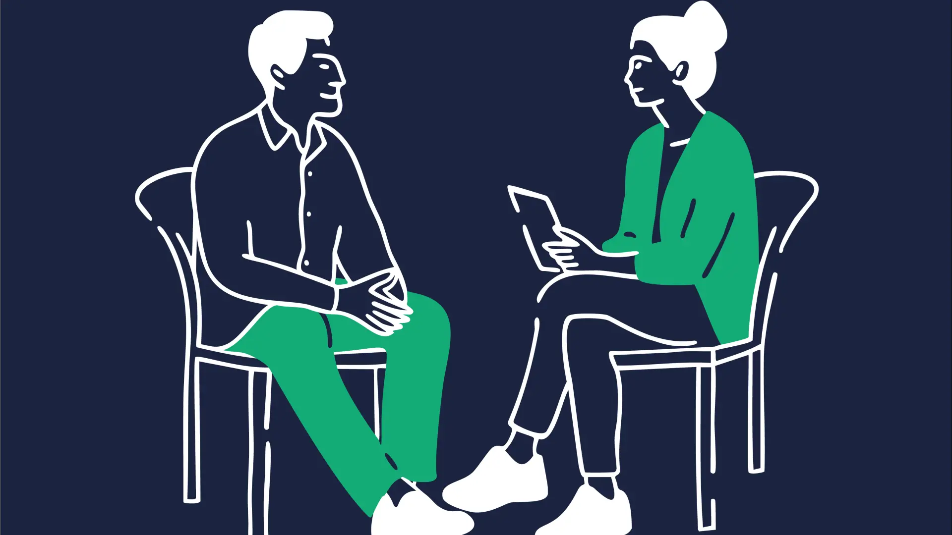 Illustration von einem Mann und einer Frau, die an einem Tisch sitzen und sich unterhalten.