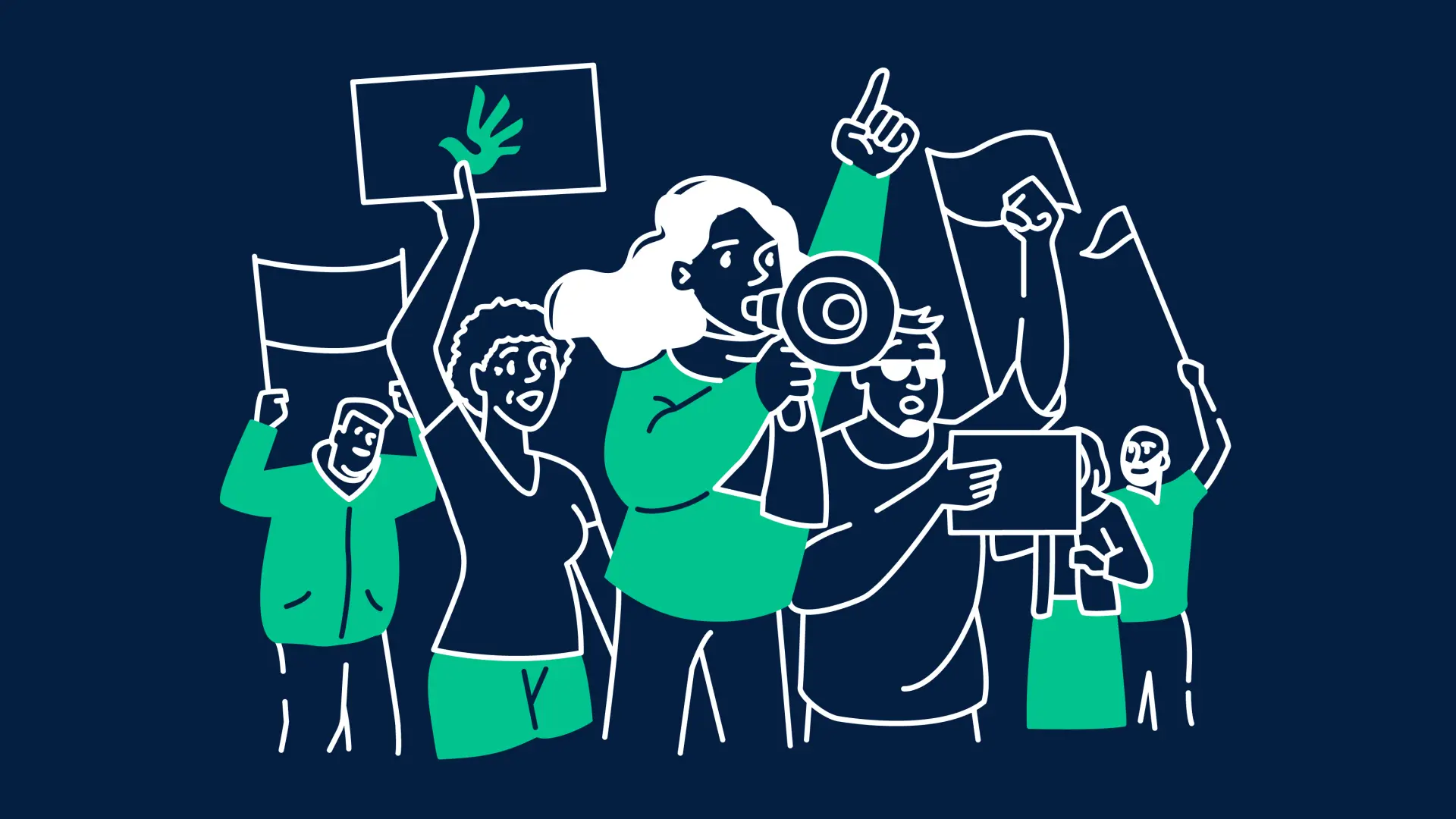 Die Illustration zeigt eine Gruppe von Menschen die Plakate und Fahnen hochhalten, eine Person im Vordergrund hat ein Megaphon in der Hand