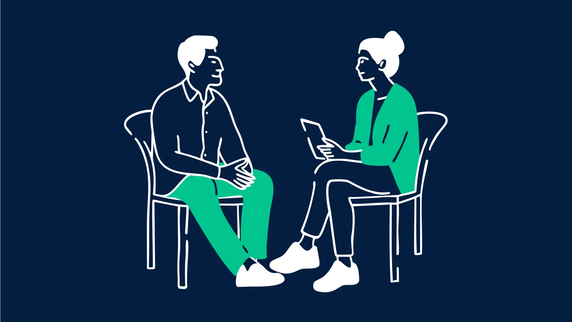 Illustration von einem Mann und einer Frau, die an einem Tisch sitzen und sich unterhalten.