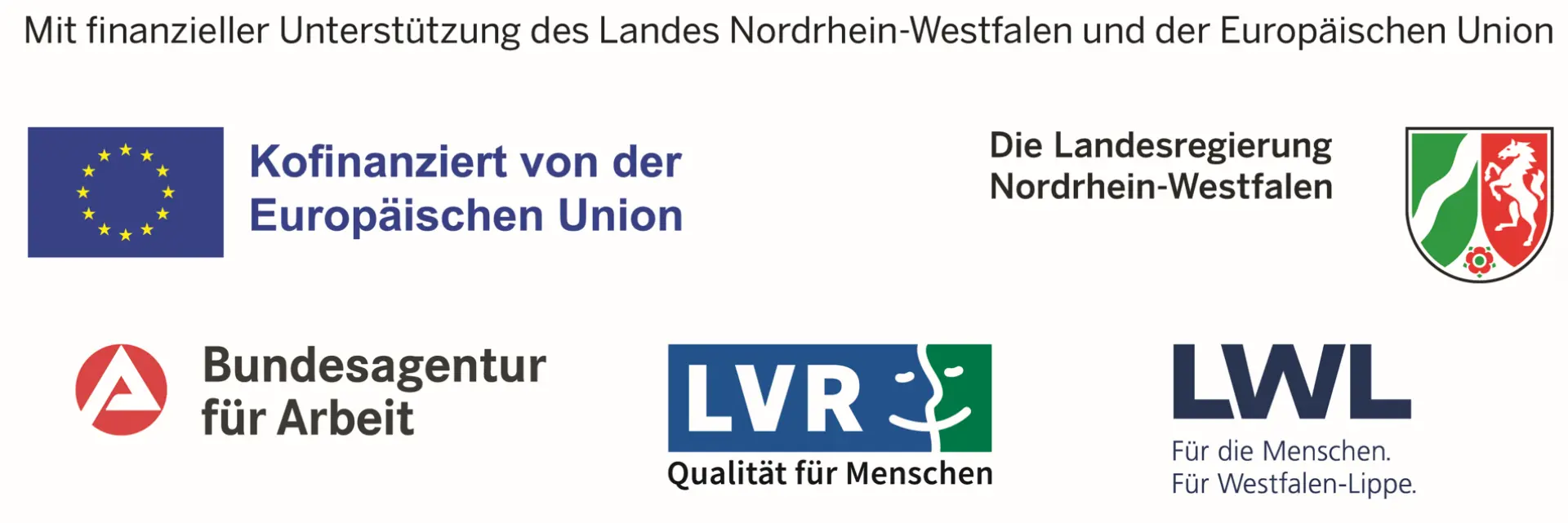 Die Logos der Europäischen Union, der Landesregierung NRW, der Bundesagentur für Arbeit, des LVR und des LWL