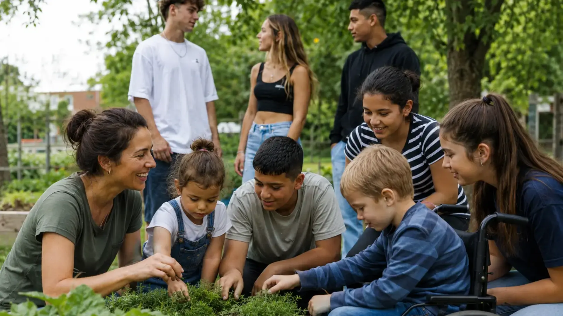 Gruppenfoto mit Kinder, Jugendlichen und einer Erzieherin, die gärtnern