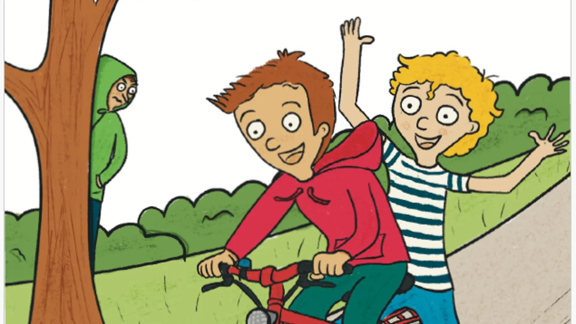 Als Comic gezeichnet: Zwei Jungen auf einem Fahrrad. Sie werden von einem anderen Jugen beobachtet