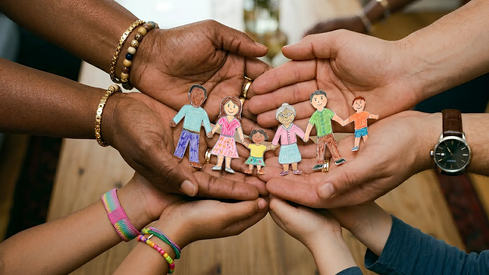 Hände, die bunte Papierfiguren halten