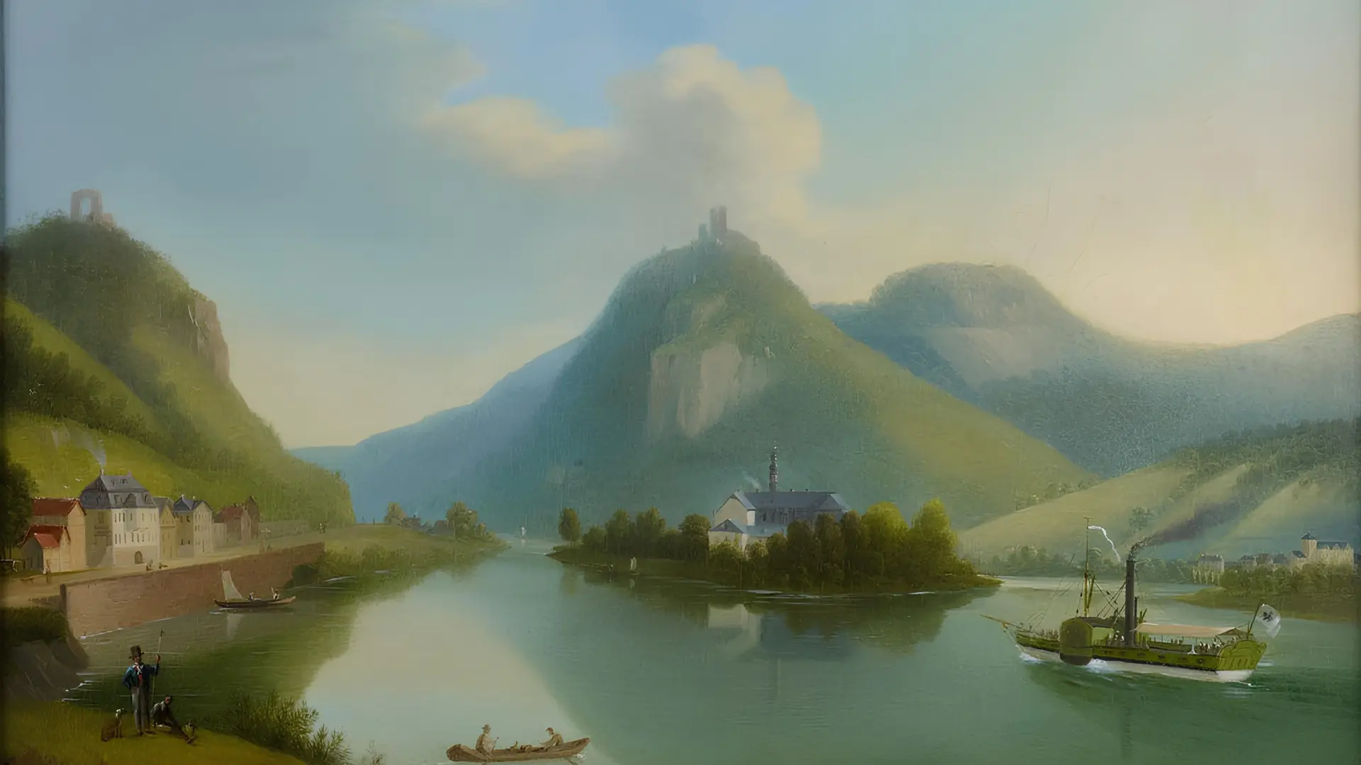 Ölgemälde, das einen Fluss und mehrere Berge darstellt, auf denen Burgen stehen.