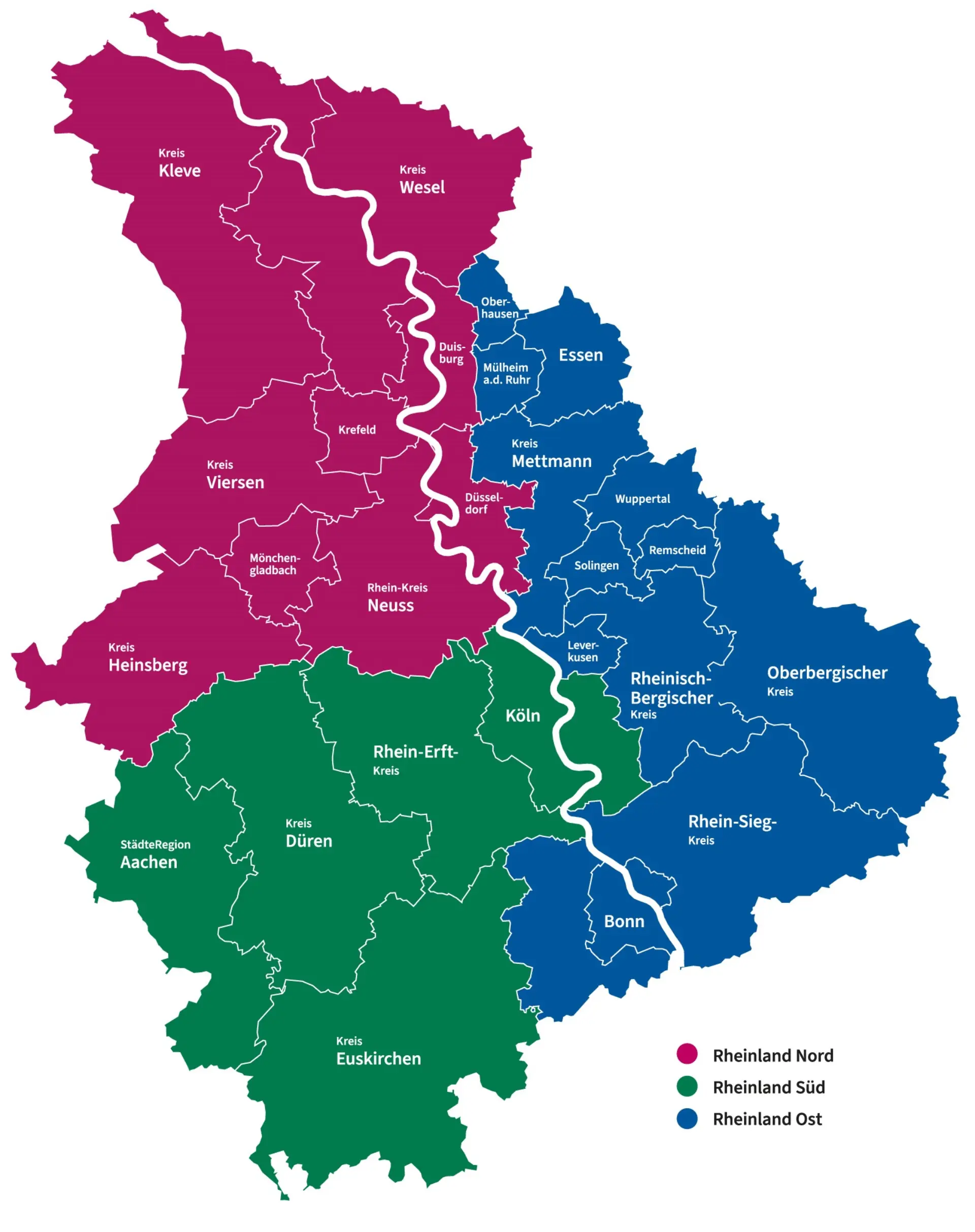 Karte der Rheinlandes mit den Zuständigkeitsgebieten der Regionalen Kulturförderung