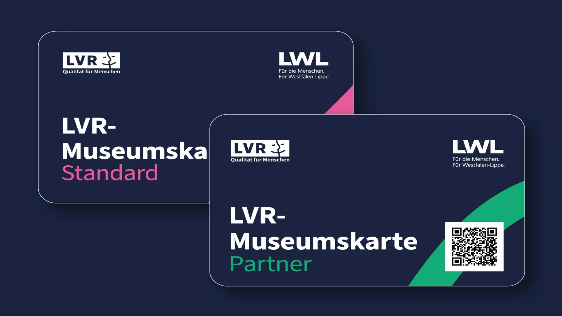 Grafik: Zwei Scheckkarten mit Aufschriften LVR-Museumskarte Partner und LVR-Museumskarte Standard