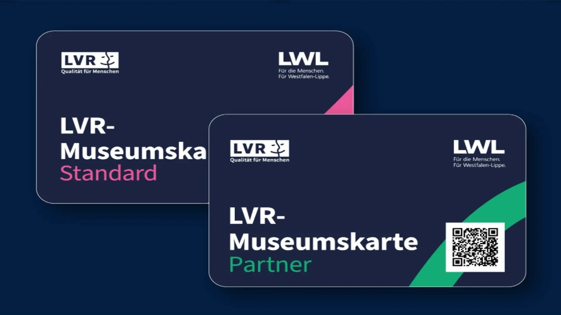 Grafik: Zwei Scheckkarten mit Aufschriften LVR-Museumskarte Partner und LVR-Museumskarte Standard