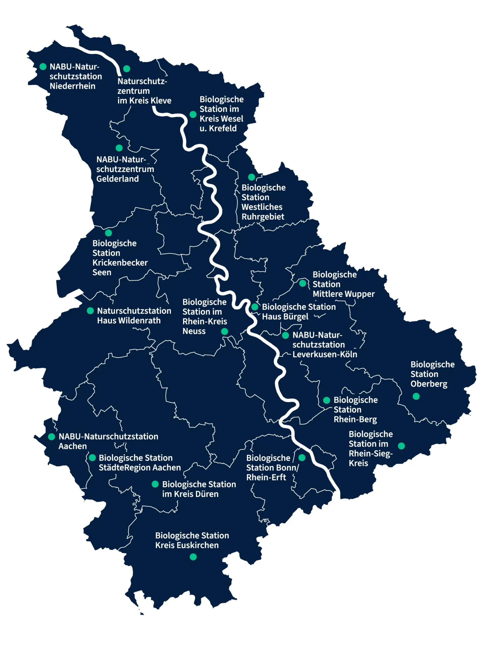 Standort der 19 Biologischen Stationen auf der Karte des Rheinlands. 
