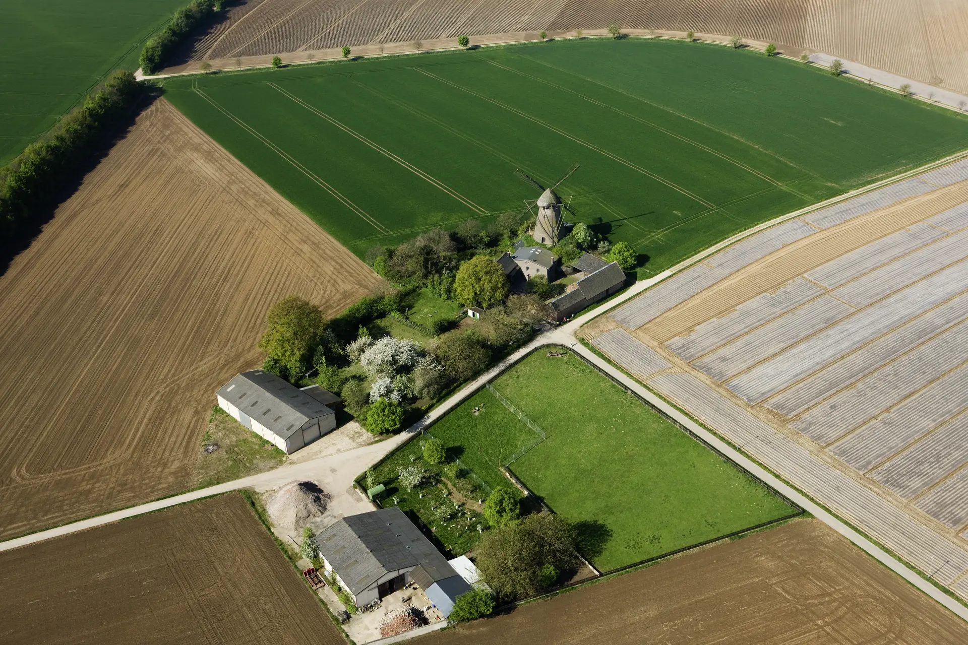 Das Foto zeigt eine Windmühle. Sie ist umgeben von Feldern und weiteren landwirtschaftlichen Gebäuden. 