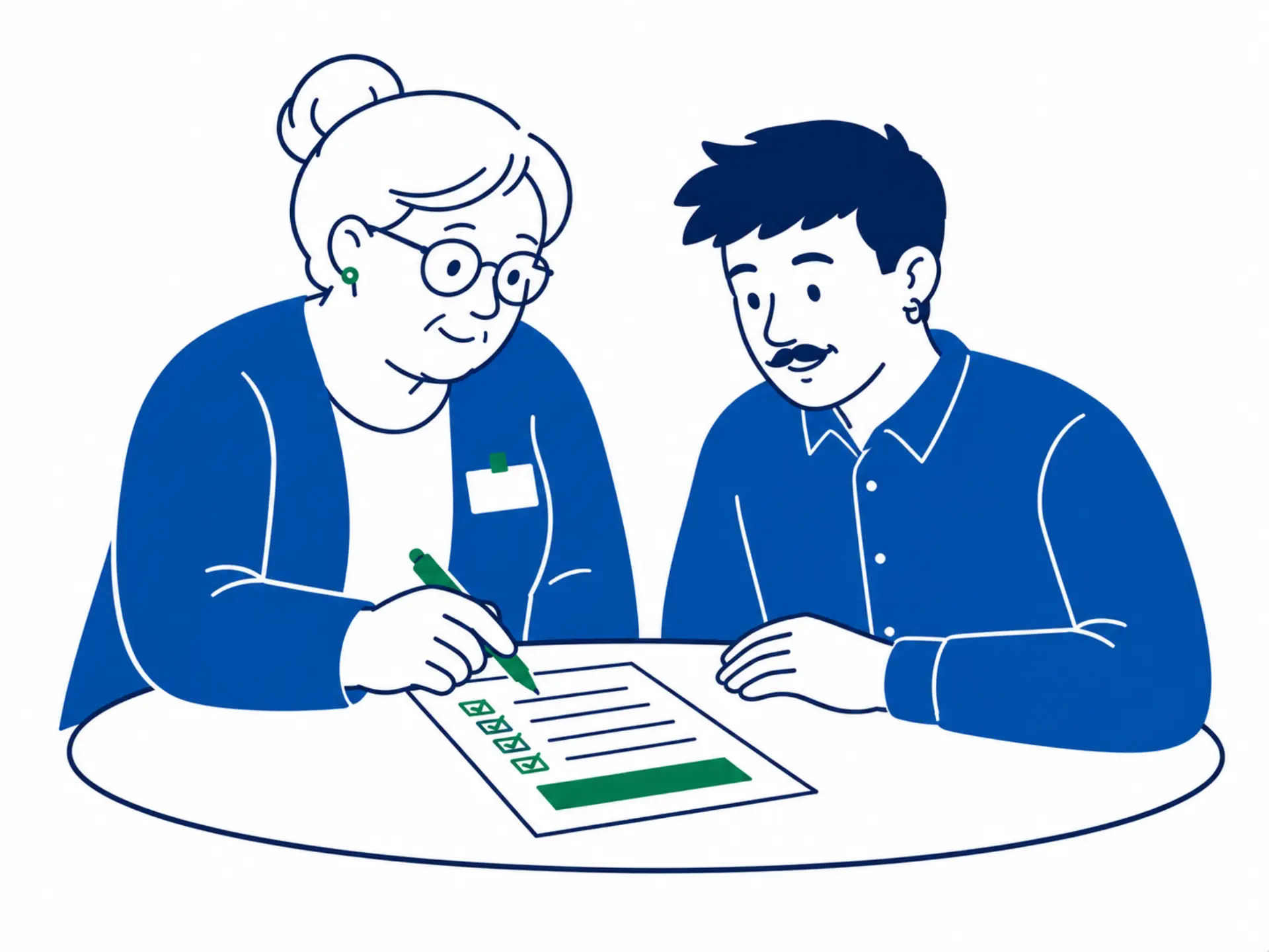 Illustration von zwei Personen, einer älteren Frau und einem Mann, die gemeinsam eine Liste ausfüllen