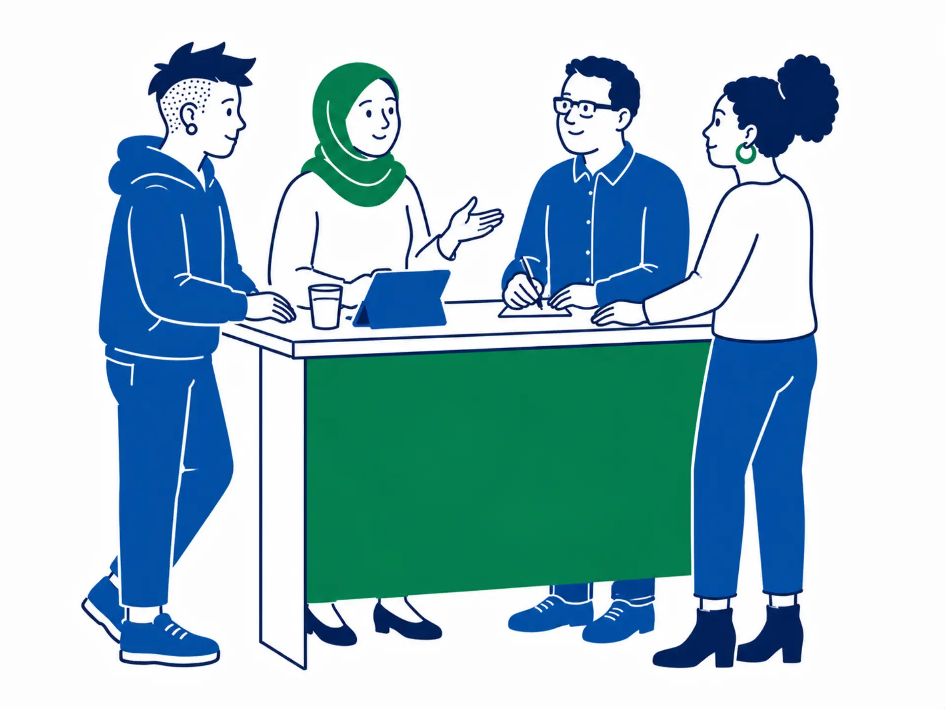Illustration von einem Mann und einer Frau, die an einem Tisch sitzen und sich unterhalten.