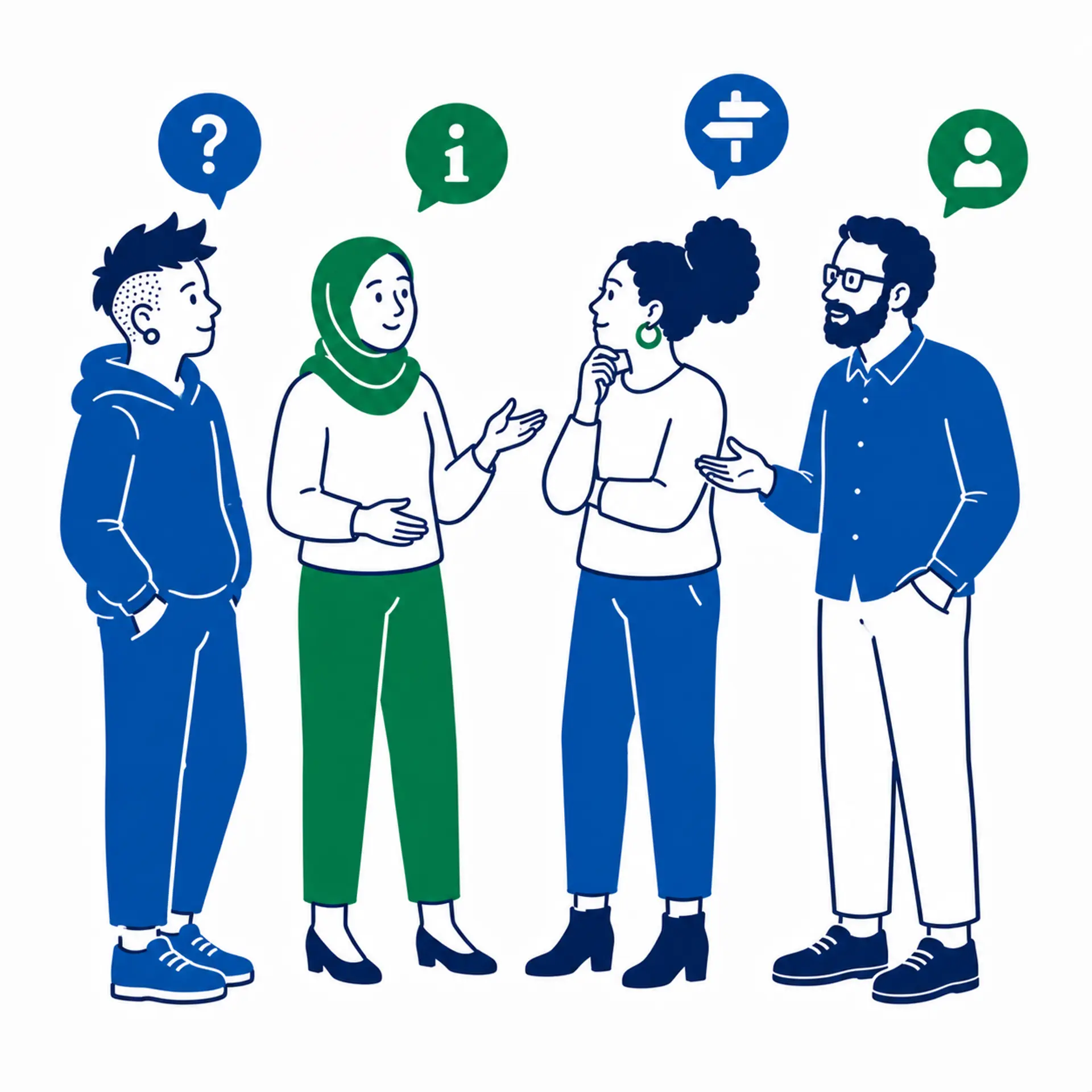 Illustration einer Gruppe von Menschen, die zu einem Beratungsgespräch zusammen stehen