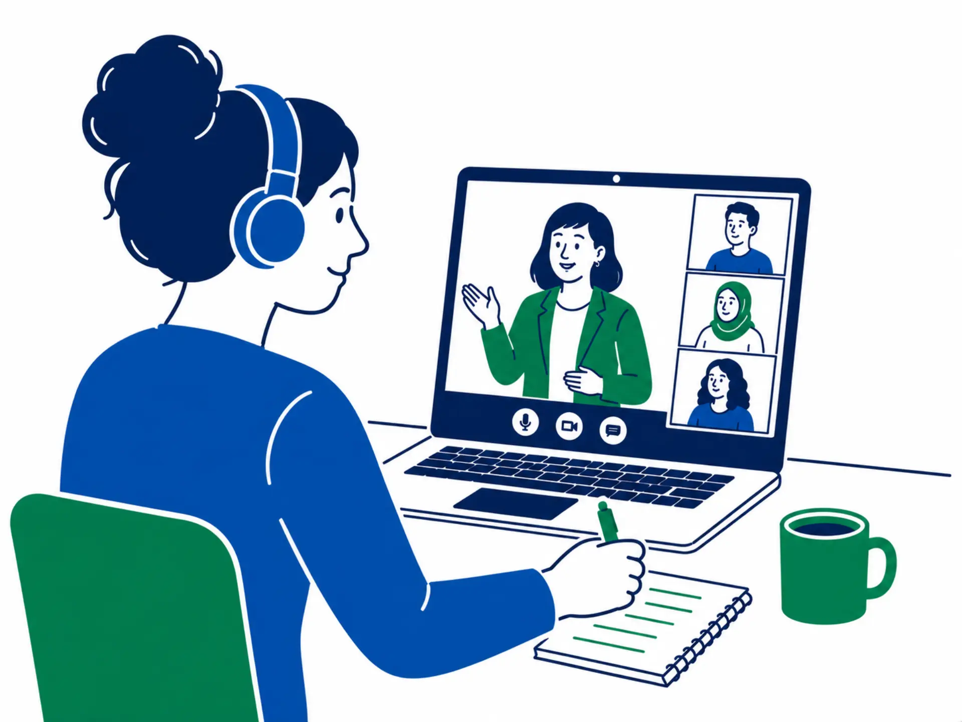 Illustration von einer Frau, die mit Kopfhörern auf den Ohren vor einem Laptop sitzt und an einem Online-Seminar teilnimmt