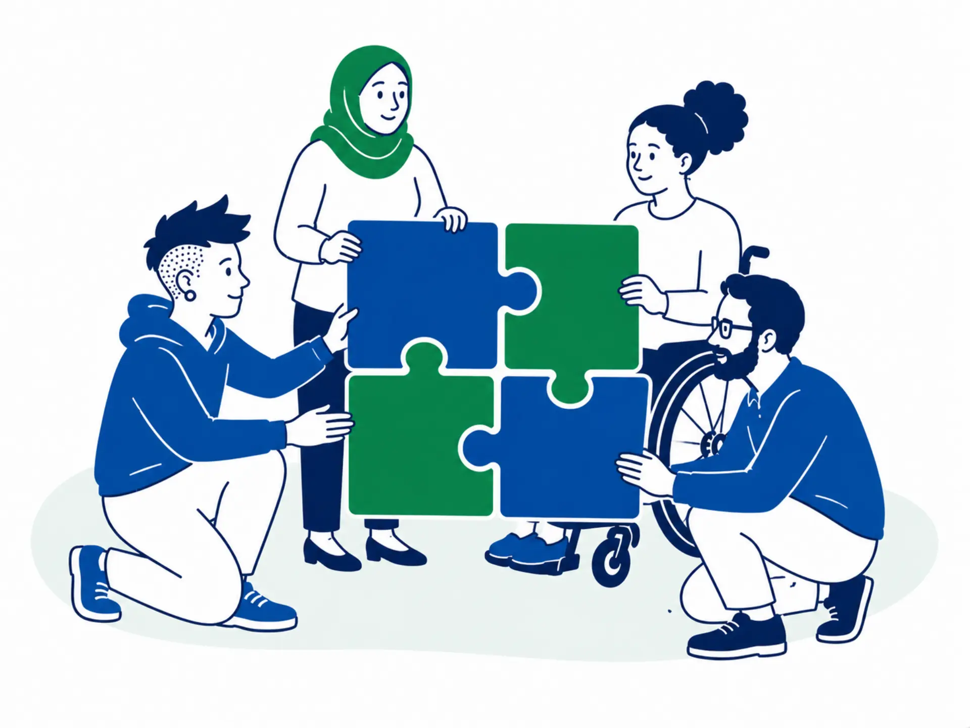 Illustration von vier Personen, die vier große Puzzleteile aneinander halten, die gemeinsam eine Form ergeben