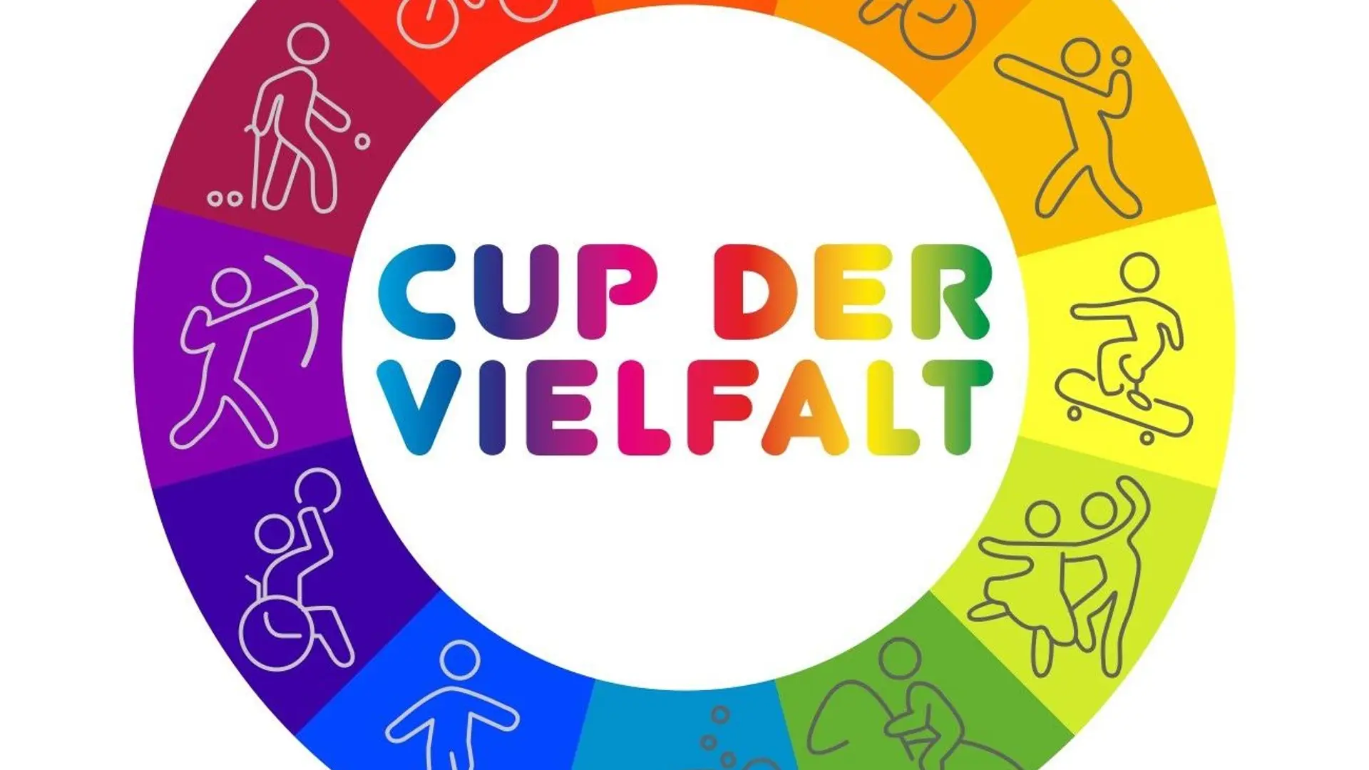 Das Bild zeigt das Logo der Veranstaltung "Cup der Vielfalt". Es zeigt einen Schriftzug. Drumherum sind bunte Bilder von Sportarten im Kreis angeordnet. i