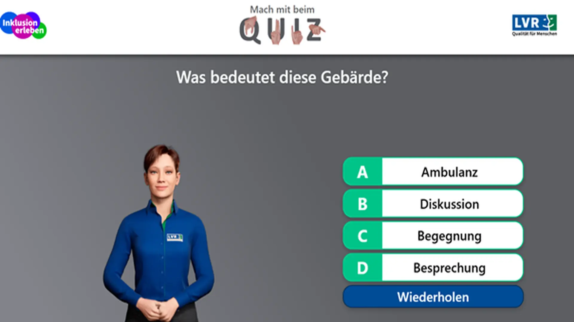 Bild zeigt einen Ausschnitt aus dem digitalen Gebärdensprachquiz des LVR. Es zeigt eine Figur, neben der verschiedene Wortbedeutungen aufgelistet sind. 