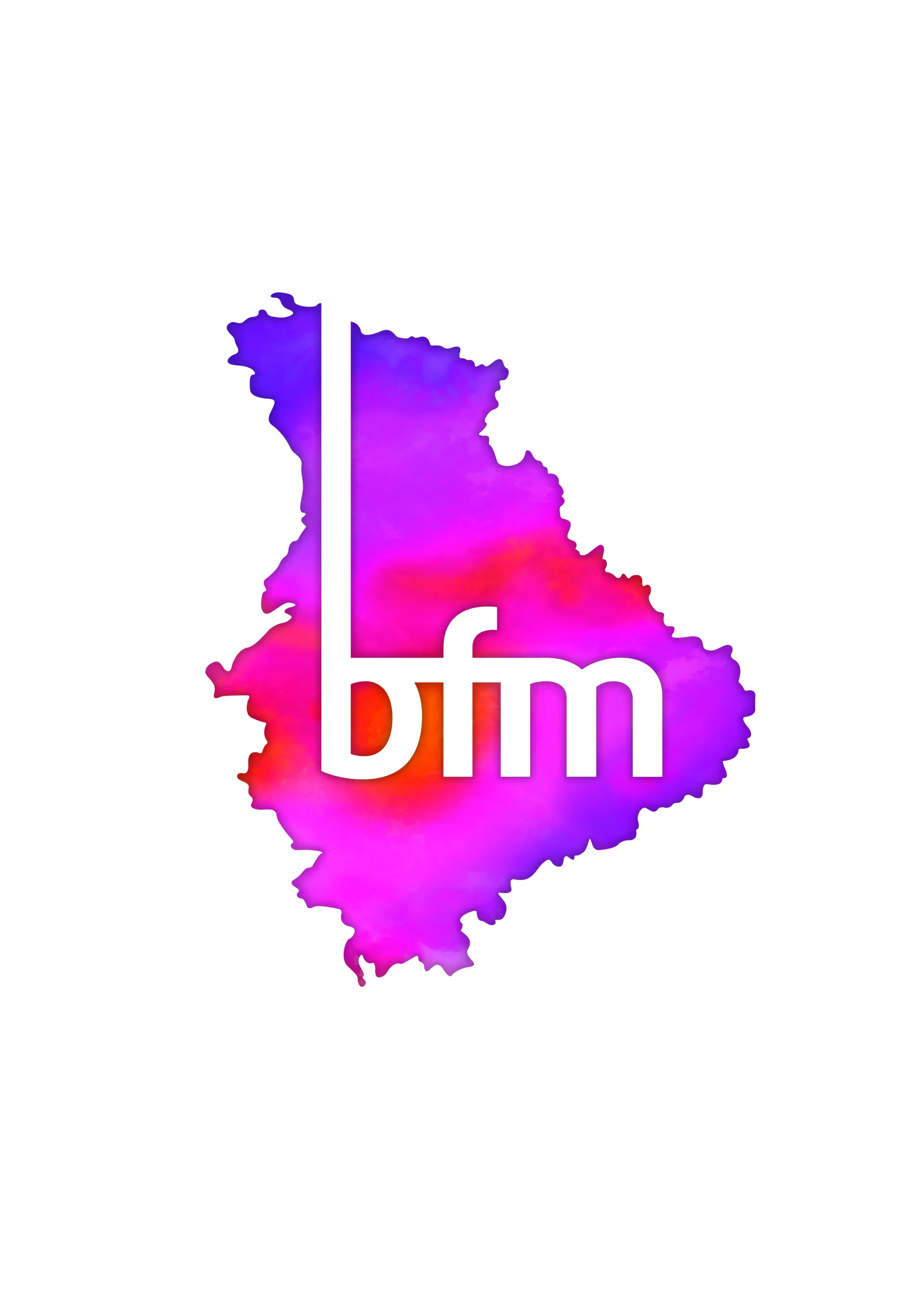 Logo der Bauen für Menschen GmbH (BFM) vor der stilisierten Umrisskarte des Rheinlands in Pink- und Violetttönen.